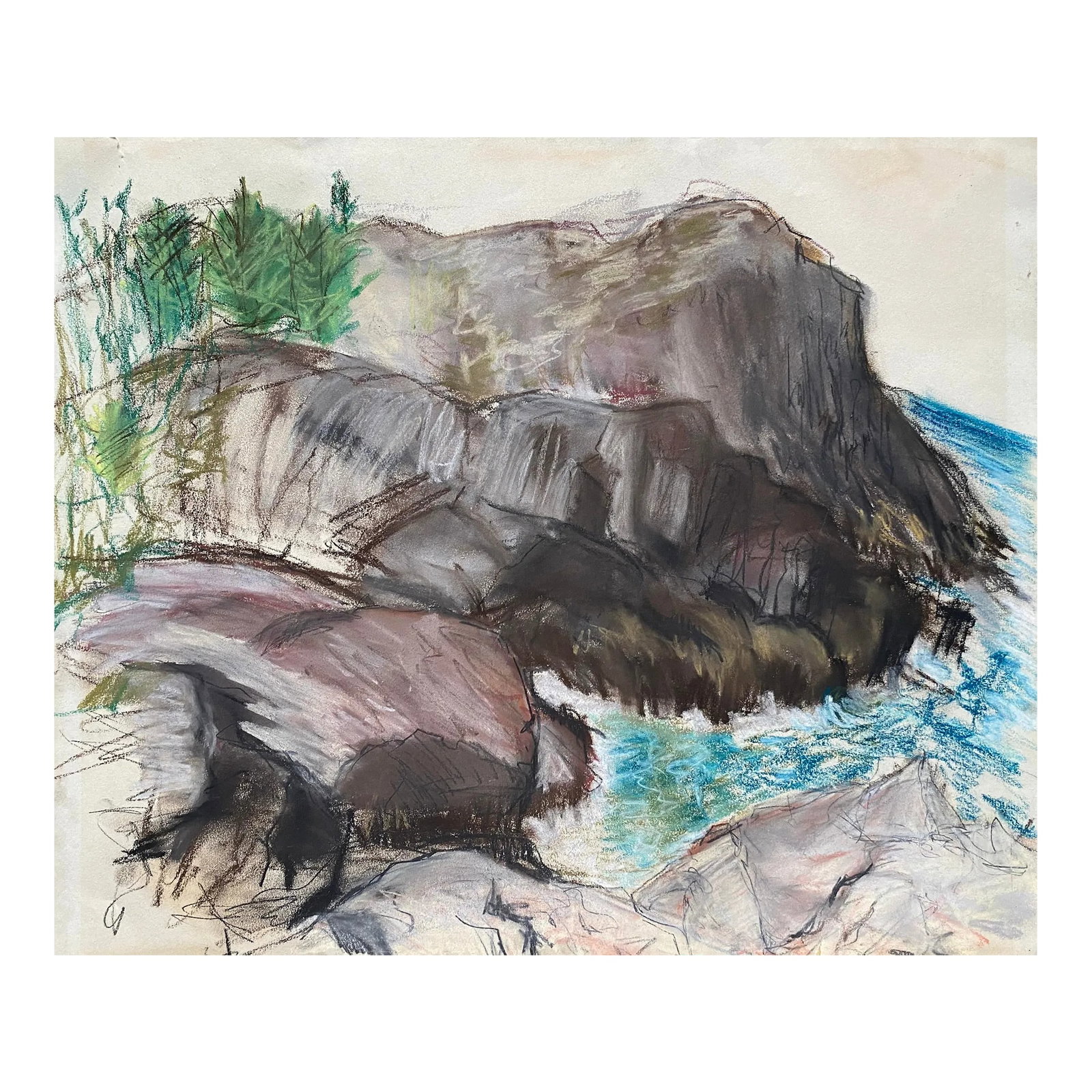 1950s Rocky Coast Mid Century Pastel: 1950s unsigned MCM oil pastel and pastel of a coastal scene, probably Maine, Oregon or the Canada coast. Condition: Alterations: Original Condition Unaltered Imperfections: Some Imperfections