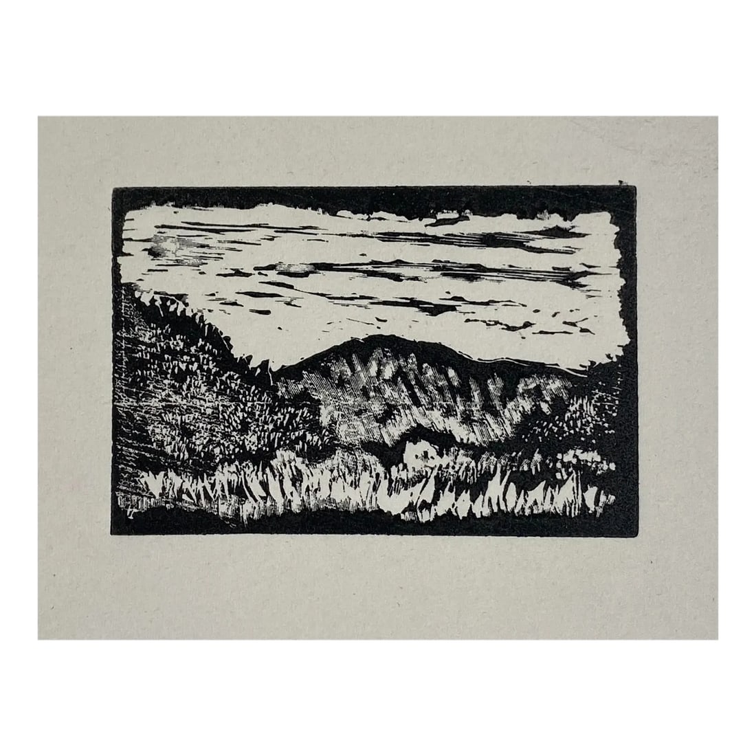 1980s Mountain Landscape Miniature Linocut: 1980s miniature linocut of a mountain landscape scene. Unsigned. Image: 2 x 3 inches Sheet: 7.75 x 5.75 inches Condition: Alterations: Original Condition Unaltered Imperfections: Some Imperfections