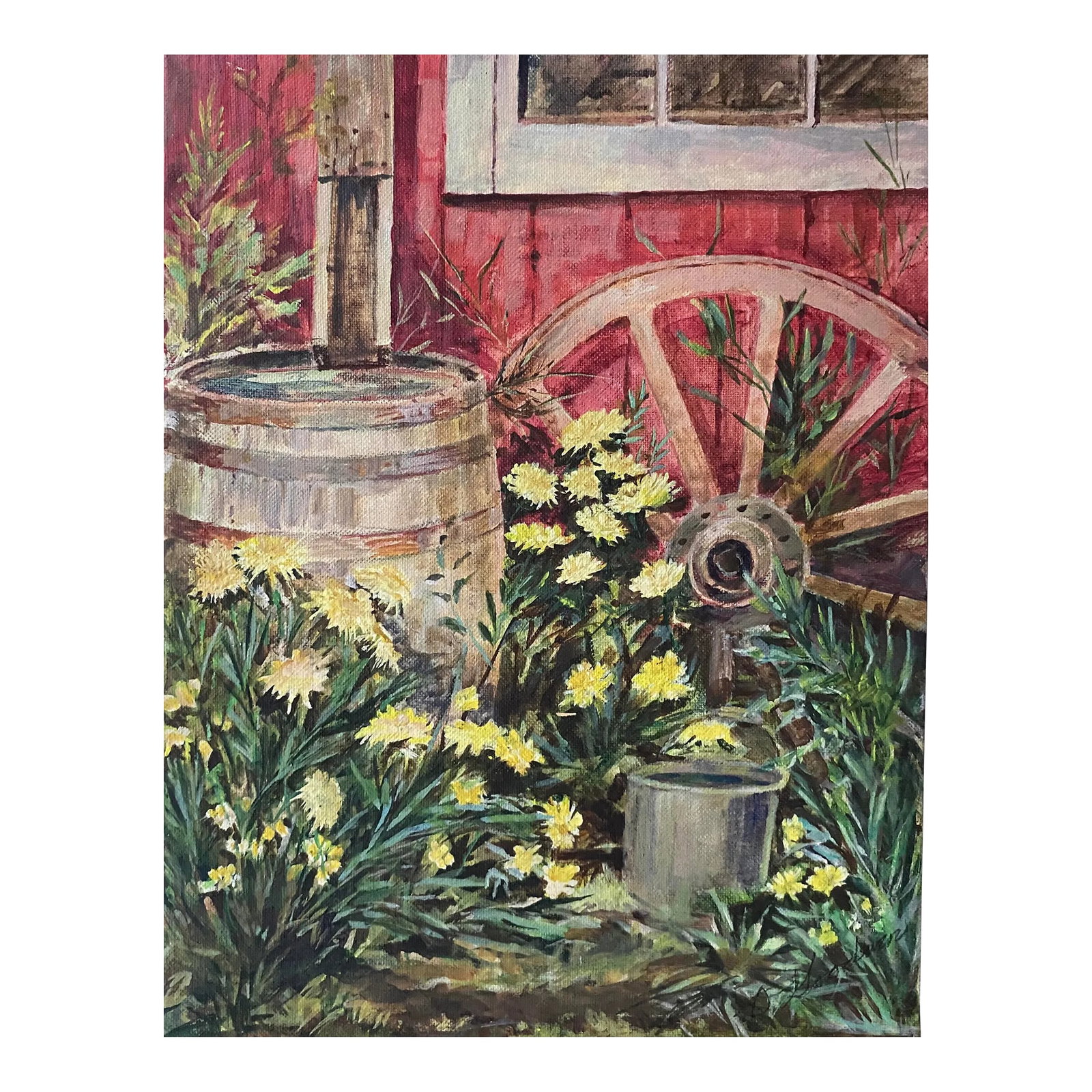 1970s Country Oil on Canvas by Goodwin.: 1970s oil on canvasboard of a wagon wheel, barrel and flowers. Signed "D. Goodman" lower right. Combined shipping available, please inquire. Shipping times are significantly shorter than Chairish esti