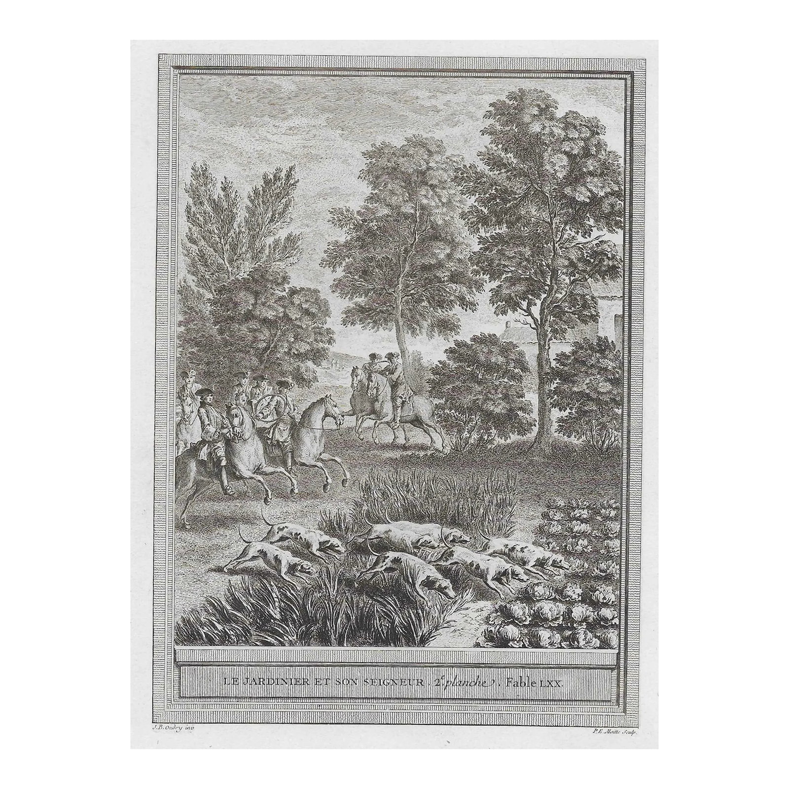 Le Jardiner Et Son Seigneur Jean-Baptiste Oudry Print: Antique print of the Jean Baptiste Oudry engraving "The Gardner and his Lord." Condition: Alterations: Original Condition Unaltered Imperfections: Some Imperfections Condition Notes: Overall good