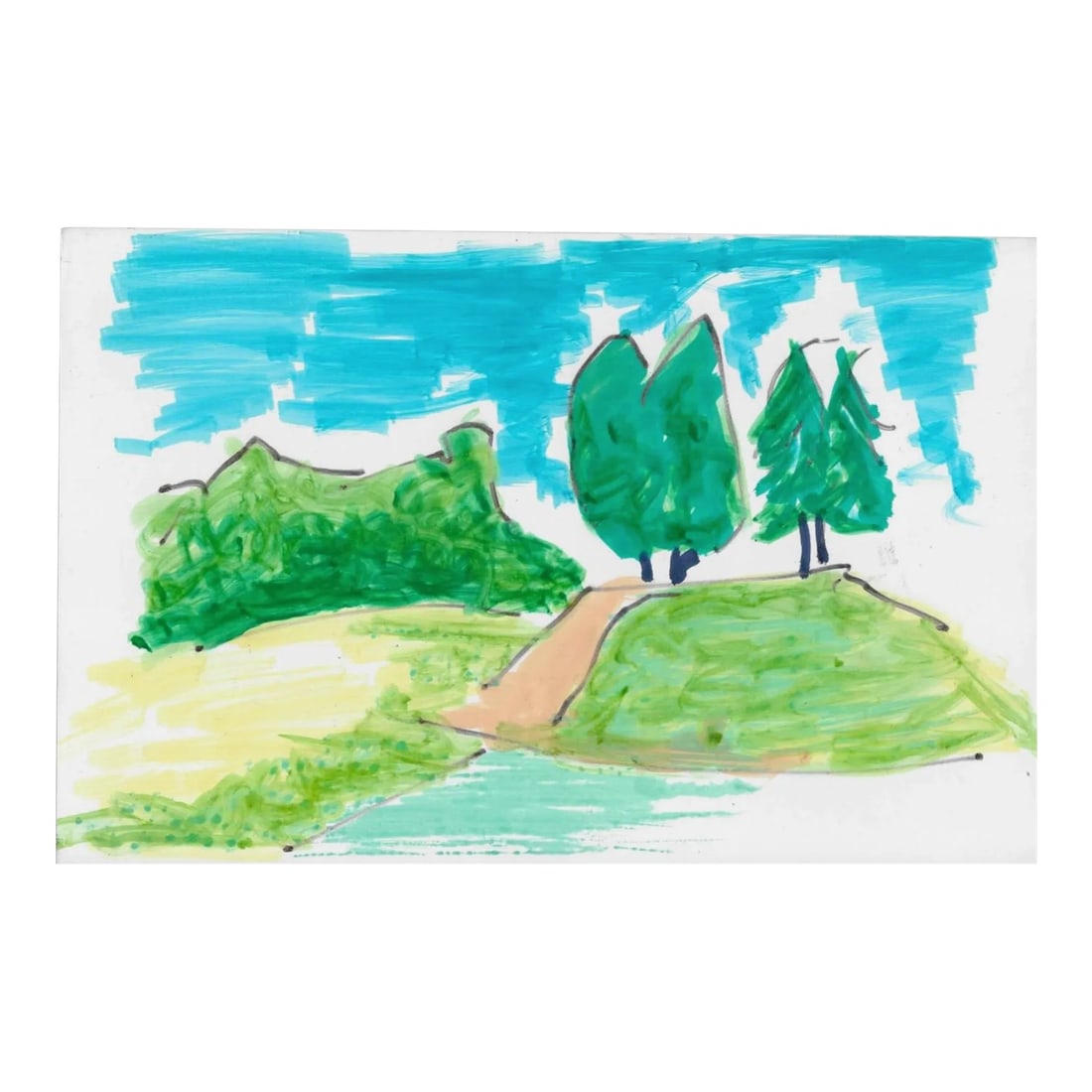 1966 Alexandra Merker Teaneck New Jersey Painting: Alexandra Merker (1920-2009) watercolor and marker landscape painting of Teaneck, NJ; location and estate stamp on back. 5.5 x 8.5 inches Combined shipping available, please inquire. Shipping times ar