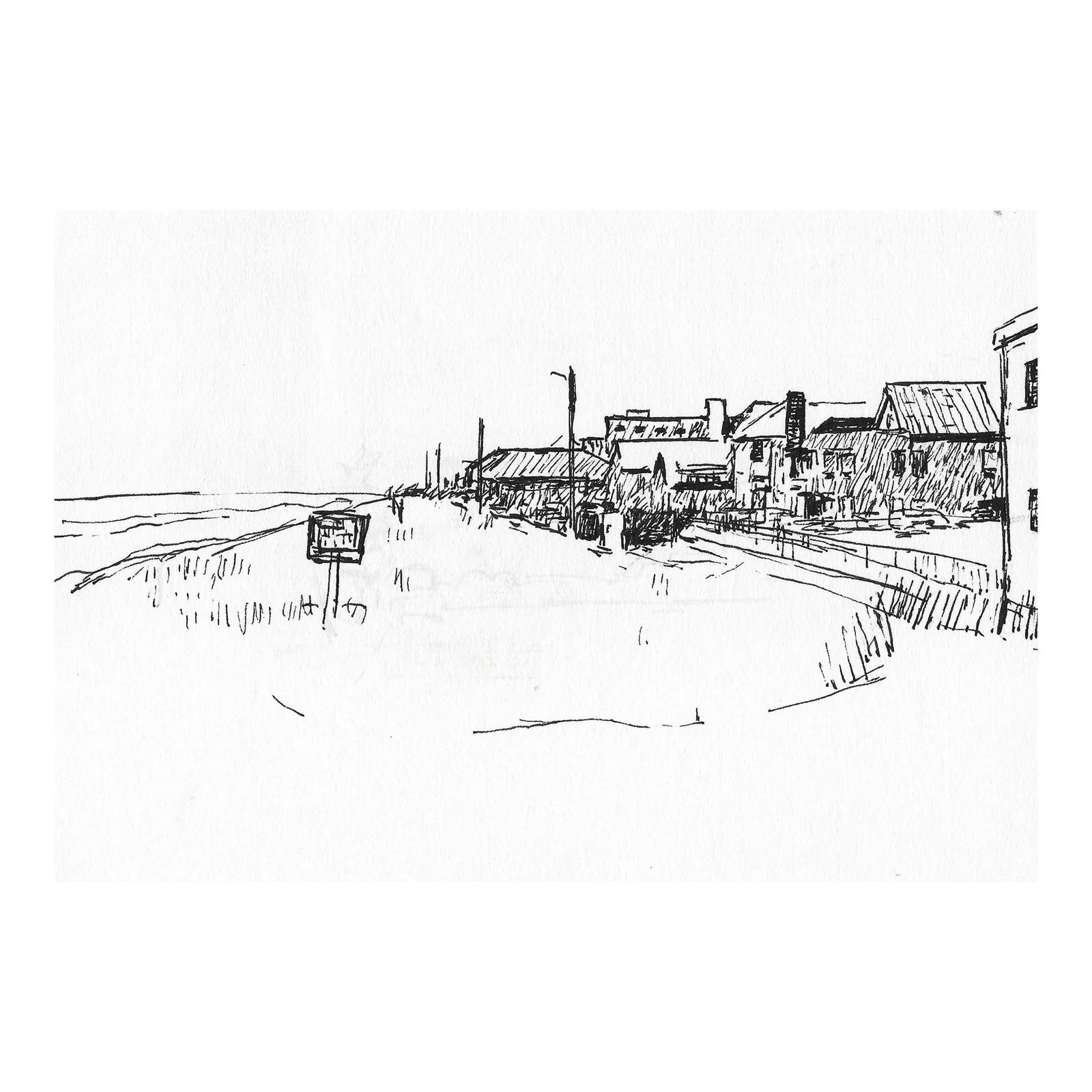 1970s Hayward Cirker Beach Town Drawing: From the estate of Hayward Cirker (1917-2000) founder of Dover Publications. Cirker sketched frequently during his travels and weekend vacations, especially in the Caribbean. Condition: Alterations: O