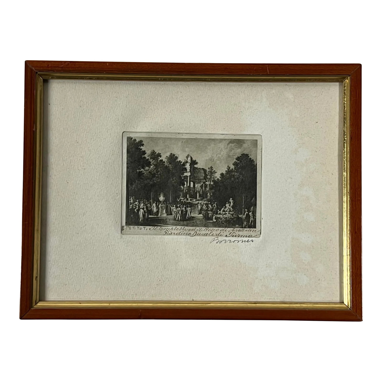 Late 19th Century Ducal Garden, Parma, Italy, Framed: Ca. 1880 intaglio print signed Borromeo, titled "E. PETITOT. Il tempietto ed Il Bosco di Arcadia, Giardino Ducale di Parma." Vintage frame by P. Bocchialini & F., Parma, Italy. Intaglio image
