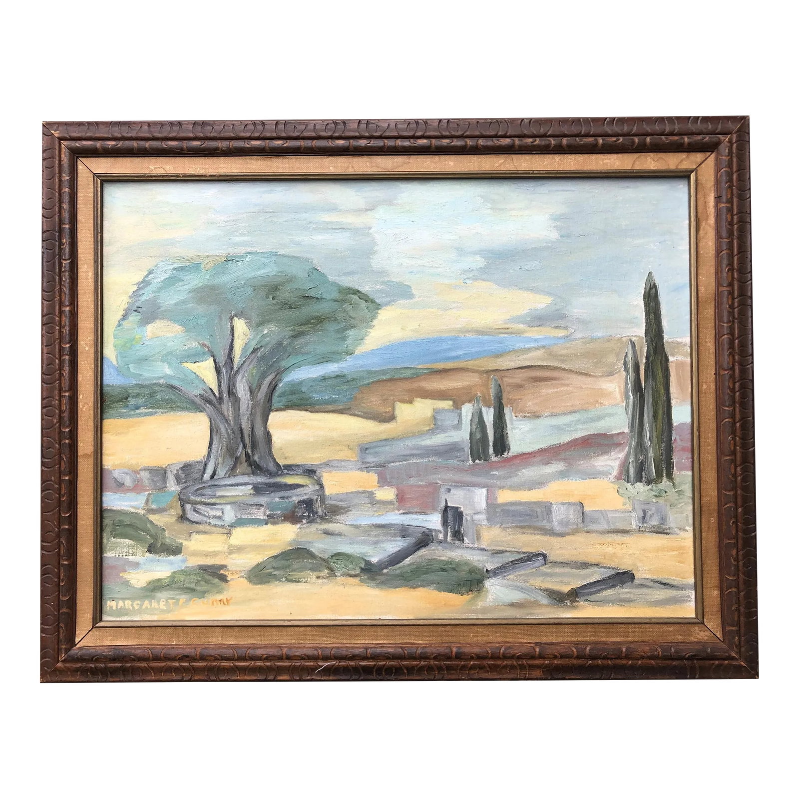Mid 20th Century Landscape Oil Painting by Margaret Curry: A gentle and serene oil painting landscape. Signed "Margaret F Curry" lower left. Mostly illegible writing in pencil on verso. The board not including frame is 24" wide x 18" high. Condition: Alterati
