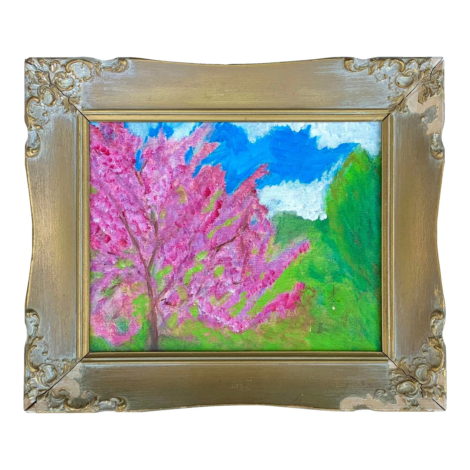 Spring Cherry Blossom Tree Abstract Painting in French Giltwood Frame: Lovely smaller painting done in an abstract colorblock manner depicting a flowering cherry tree in full spring bloom. Main colors are deep pink, green, rich blue and white. Painting is on canvas, and