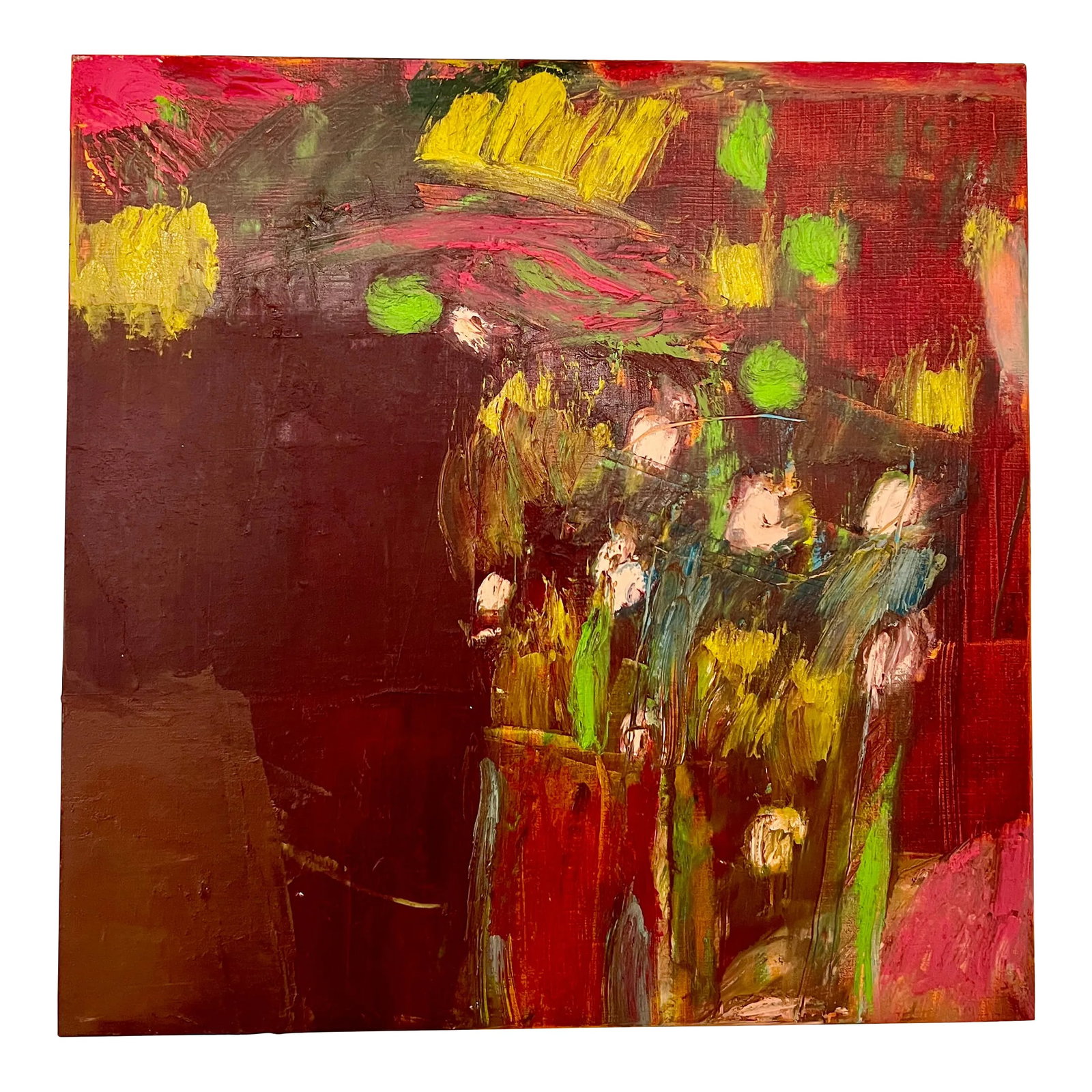 Mountains and Flowers Contemporary Original Abstract Expressionist Painting: This is an oil painting that depicts a vase of flowers and a mountain range in the horizon. It is slightly abstract in style. It is painting on a cradled board with white painted sides. This