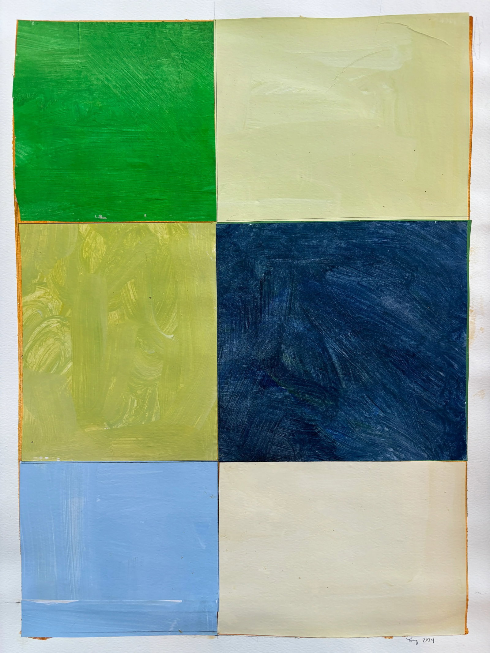 Lake Series, Abstract Landscape Painting Work on Paper by Bryan Young: Brighten up your room with a piece in the Lake Series, a Mid Century Modern abstract painting/collage. The piece measures 18x24 inches. Image size is 16x22 inches. A white border is left to allow for