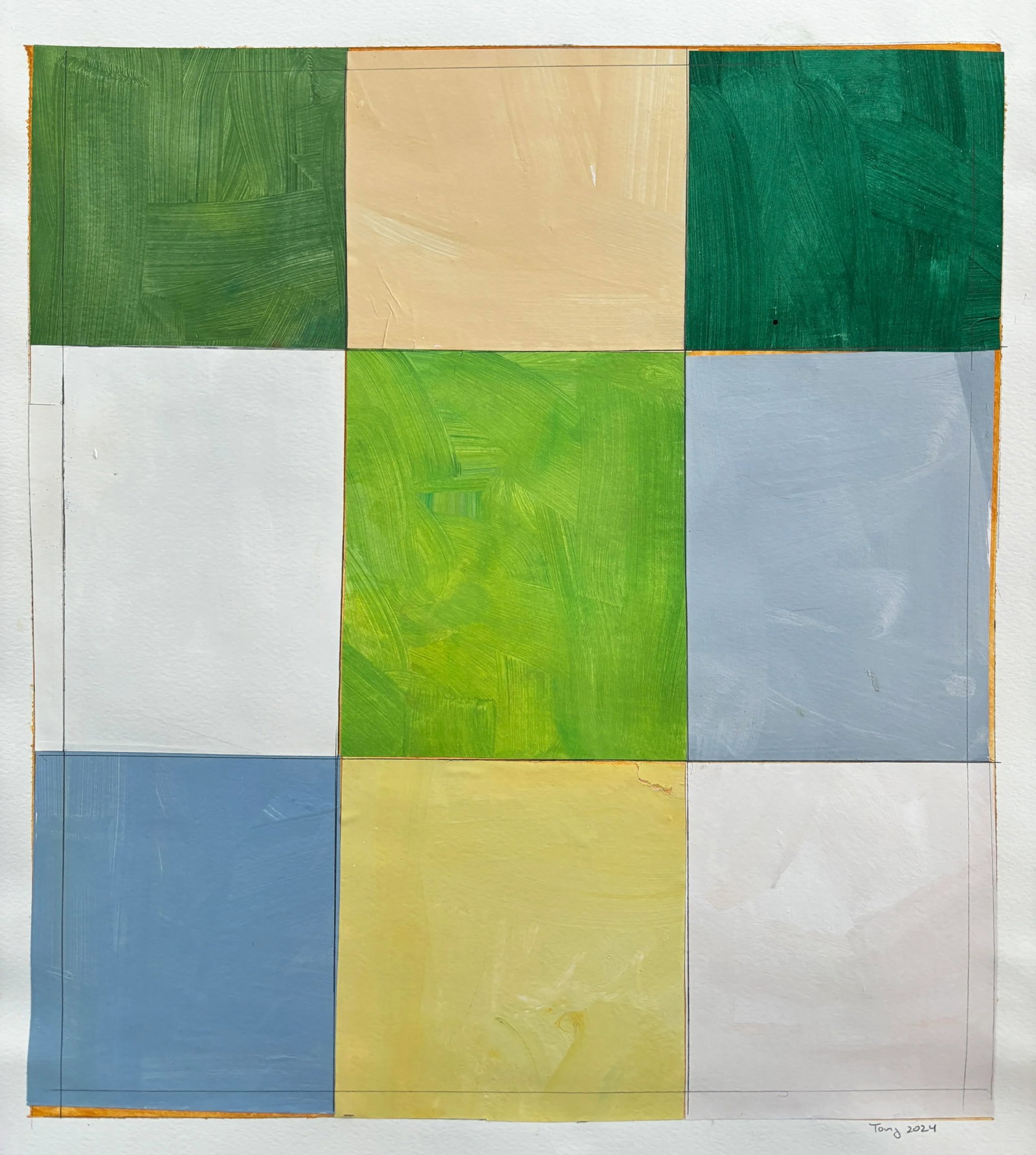 Lake Series, Abstract Landscape Painting Work on Paper by Bryan Young: Brighten up your room with a piece in the Lake Series, a Mid Century Modern abstract painting/collage. The piece measures 18x20 inches. Image size is 16x18 inches. A white border is left to allow for
