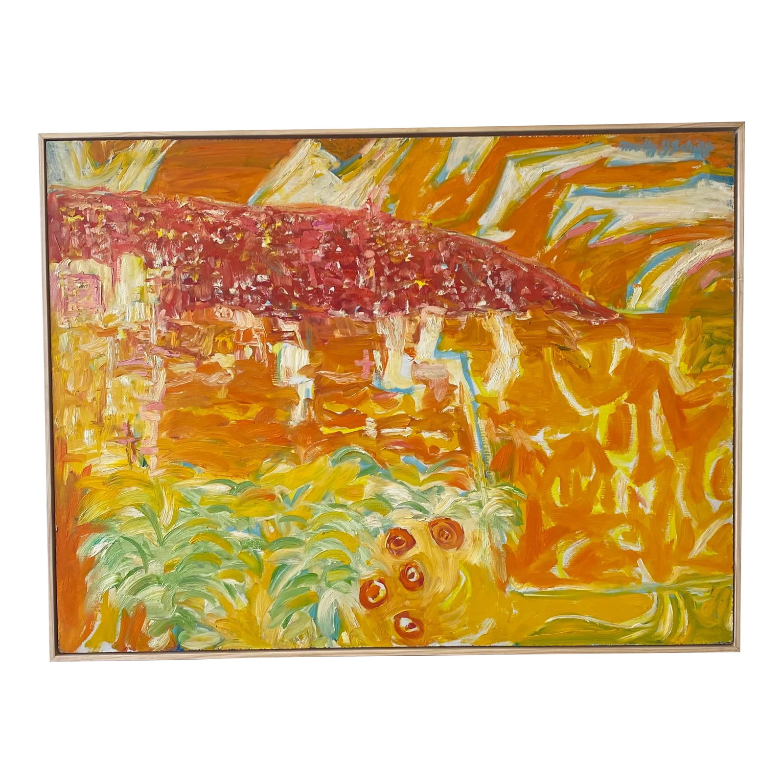 Vintage 1970s Tropical Landscape Painting Molly Schiff: Oil on board by Molly Schiff Circa 1970s. Condition: Alterations: Original Condition Unaltered Imperfections: Some Imperfections Condition Notes: Very good Origin: United States Materials & Te