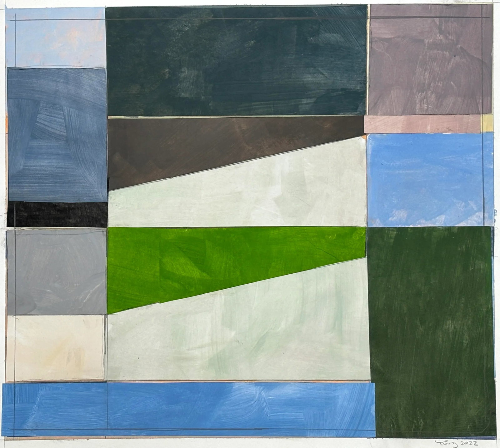 Lake Series, Bryan Young Abstract Landscape Contemporary Painting: Brighten up your room with a new piece in the lake series. Contemporary painting and collage on heavy archival watercolor paper. Paper measures 18x20 inches. A white border is left to allow for
