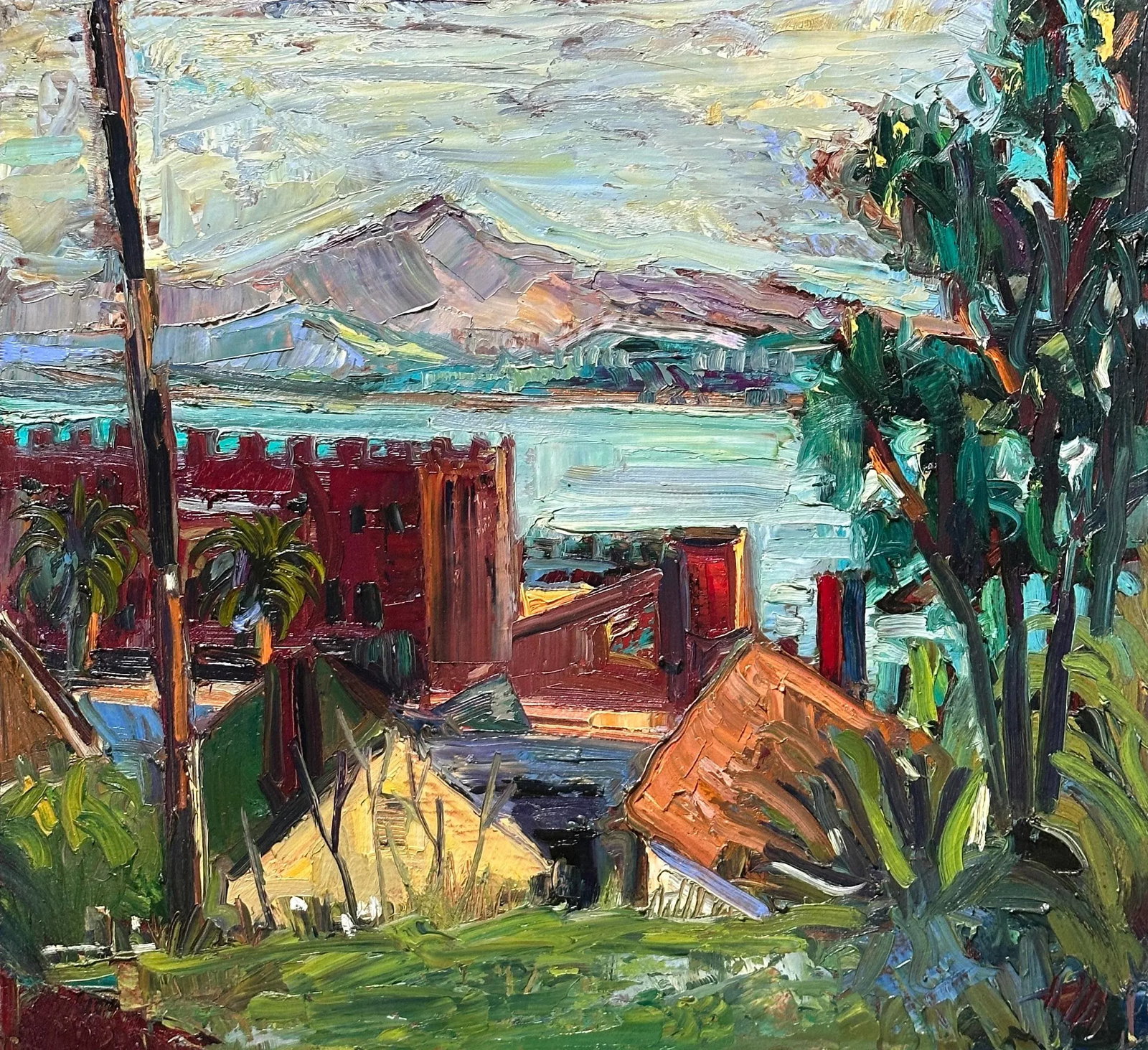 Expressionist Plein Air Original Oil Painting Sf Bay Area Hartman: The painting shows a view of of Mt Tamalpais from Winehaven on San Francisco Bay. The surface is rich with texture. Condition: Imperfections: No Imperfections Origin: United States Materials & Tec