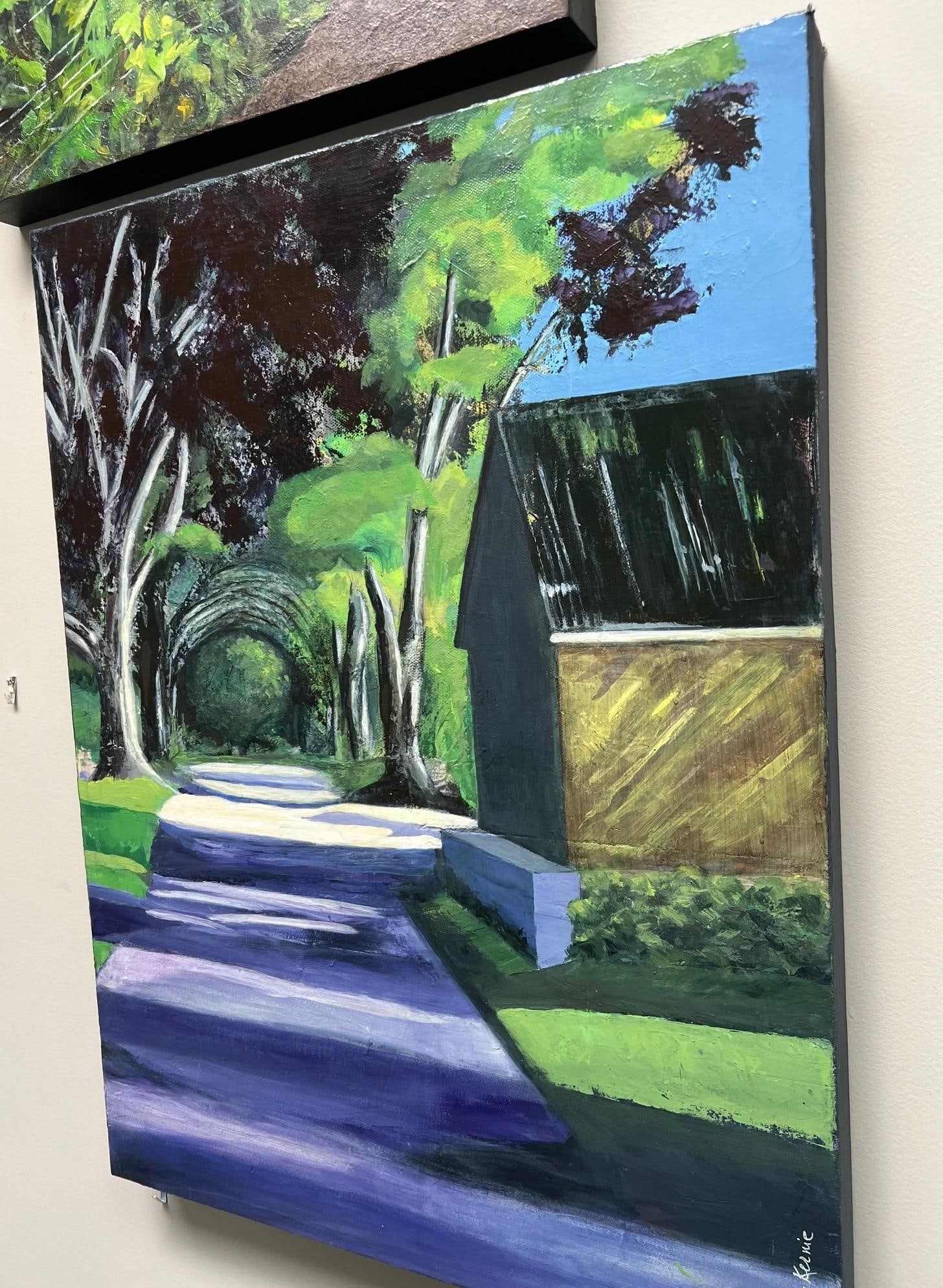 Purple Path Contemporary Impressionist Cityscape With House in Yellow, Green, Blue by Mill Valley - 3
