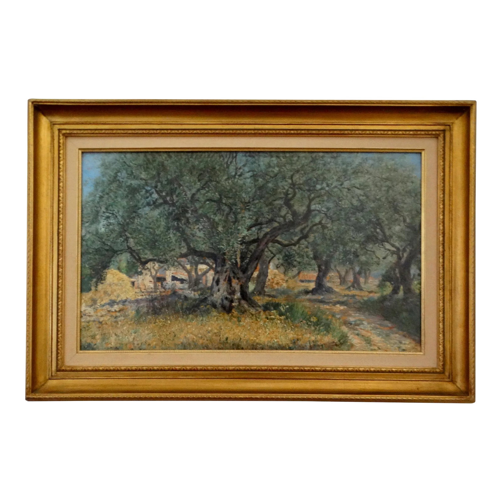 Antique French Impressionist Oil Painting 'Courgette Farm Var Provence': 19th-Century French oil painting, 'Courgette Farm Var - Provence'. It is a beautiful and unusual scene depicting a courgette farm viewed through the large trees in the foreground. A huge heap of the v
