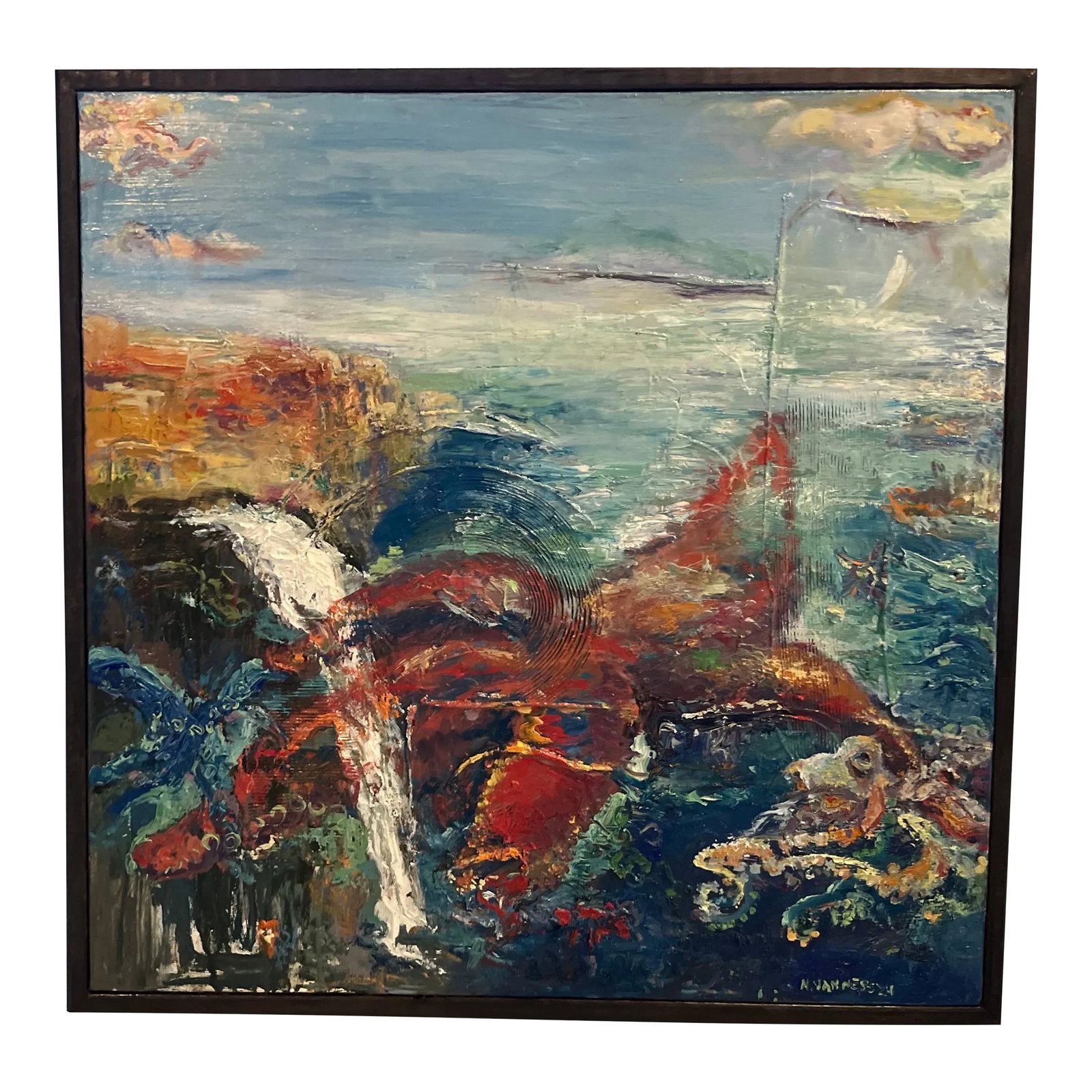 How Deep Is Your Love?, Abstract Oil Painting, by Van Ness: How Deep Is Your Love?, Oil Painting, Framed Art by Van Ness 29"x29"x2" framed art. Great for a coastal, beach house or those that love the sea. A seascape with a waterfall and beautiful water. A larg