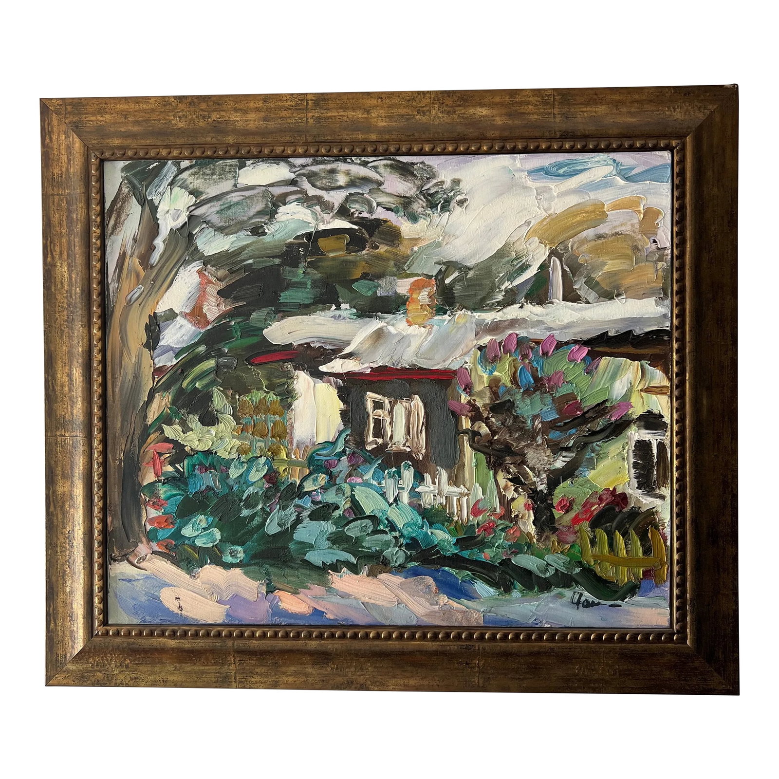 20th Century Oil on Canvas Framed Signed by Loudmila Tsoncheva: Oil on canvas post impressionist painting by Loudmila Tsoncheva made in 1994 titled as Summer yard . Moldovan artist whose arts been obtained and presented by many museums around the world , such as T