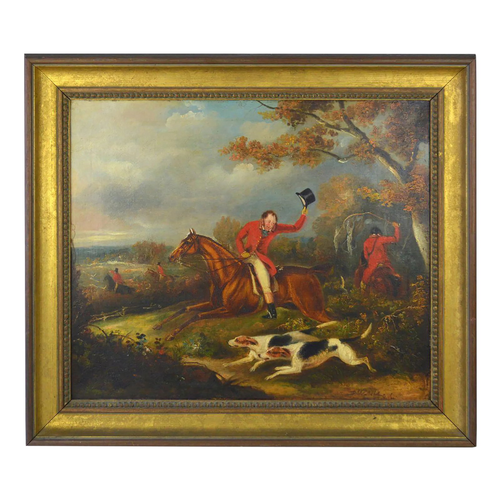 Dean Wolstenholme English Fox Hunt Scene Painting Signed, Framed: A fine English hunt scene painting by a well-known British painter from the golden age of the English hunt. The work is by Dean Wolstenholme (UK/England 1757-1837). It is oil/canvas and is presented