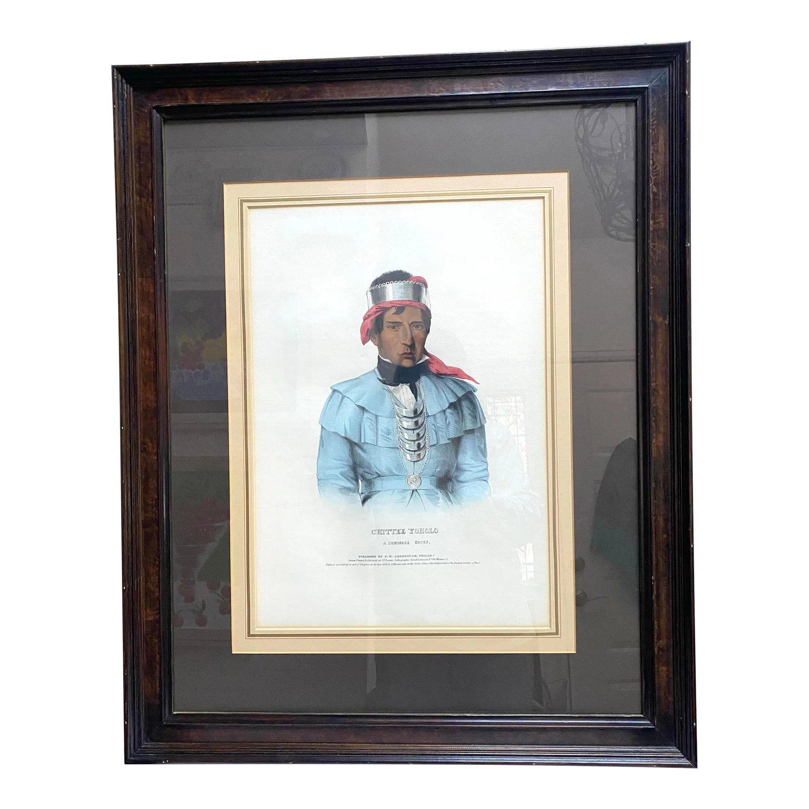 The McKenney & Hall Pl. 67, Chittee Yoholo Indigenous American Color Lithograph 1838 Framed: Please excuse the reflections on the glass of the background in the photos. The McKenney & Hall Pl. 67 original lithograph of Chittee Yoholo depicts an Indigenous American wearing traditional and