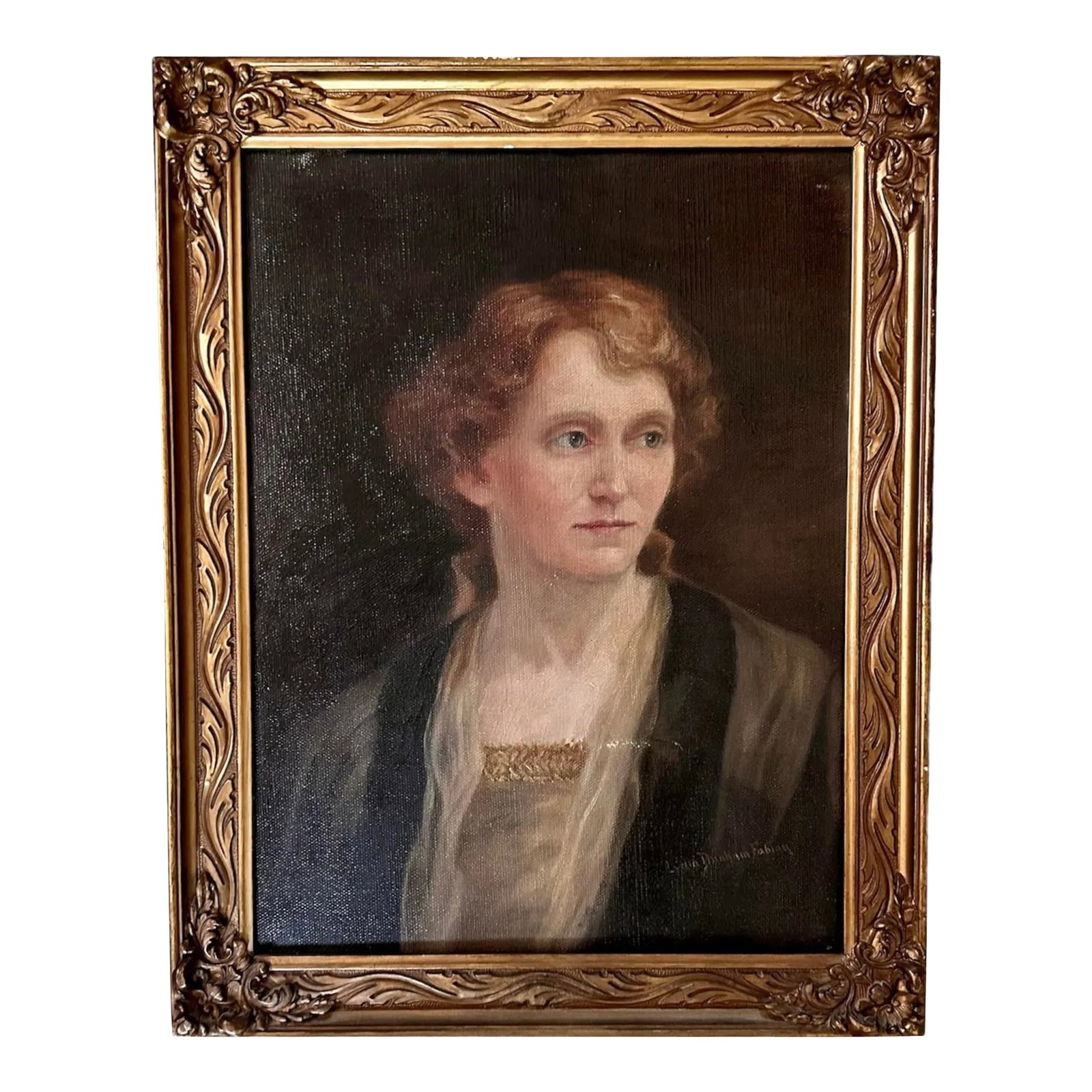 Antique Oil on Canvas Estate Society Portrait Painting of Red Haired Lady by Lydia Dunham Fabian, Ci: A stunning 1920's era portrait painting by listed artist Lydia Dunham Fabian. Features a gorgeous woman with red ringlets fashioned into a bob attired in a lovely tailored ensemble. Oil on Canvas in i