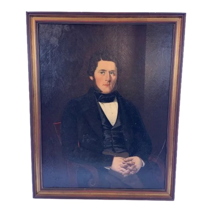 Framed Oversized Classic Portrait Painting of 18th Century Gentleman: Unsigned portrait of early 18th century gentleman seated in a chair with hands clasped. Oil on canvas framed in a partially painted wood frame. Dimensions are for painting only. Dimensions with frame 