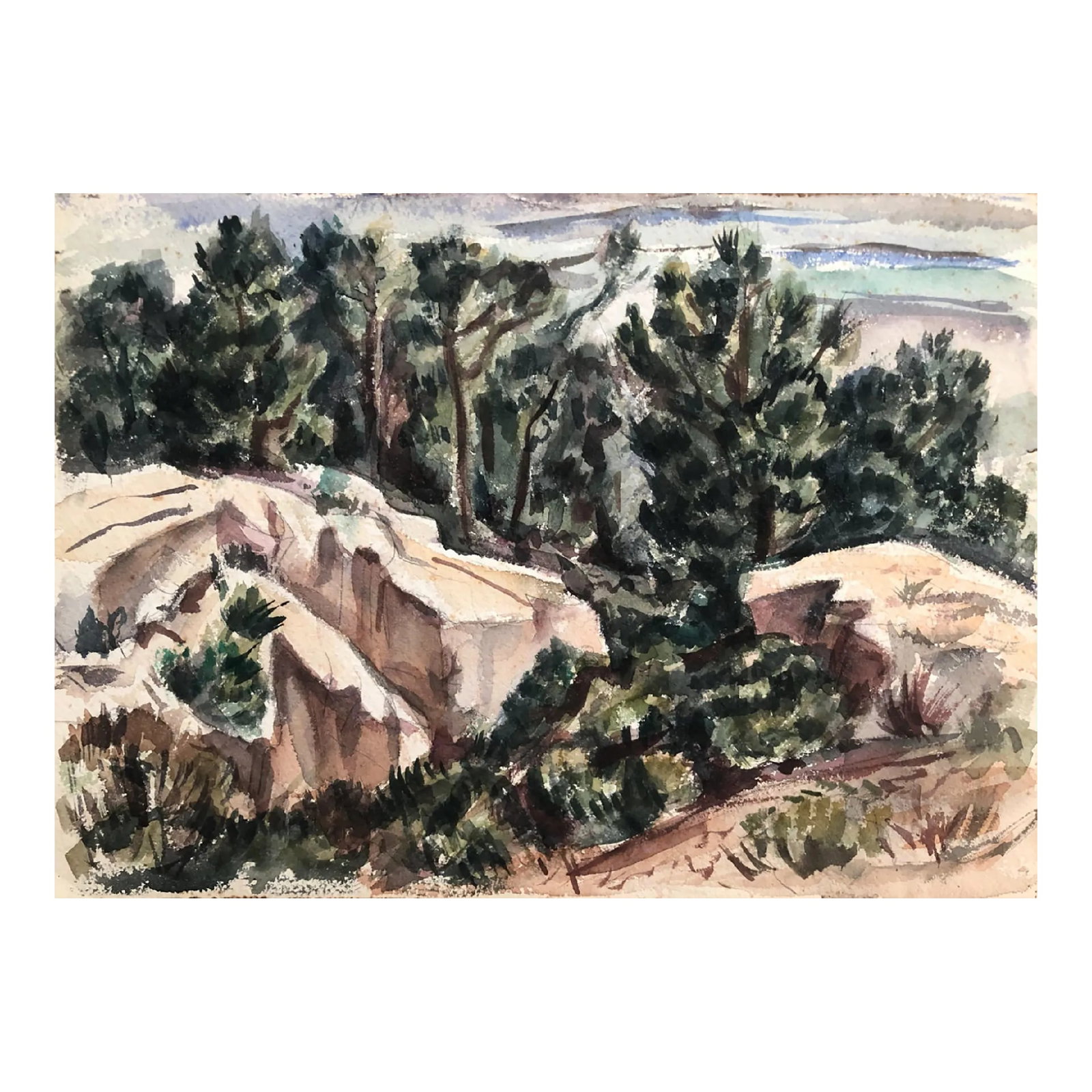 1940s Palmer Schoppe Landscape Watercolor: Palmer Schoppe (1912-2001) western landscape, watercolor paper, signed on the back. Known for his life as a prolific painter, muralist and teacher, Palmer Schoppe was born on a farm near Salt Lake
