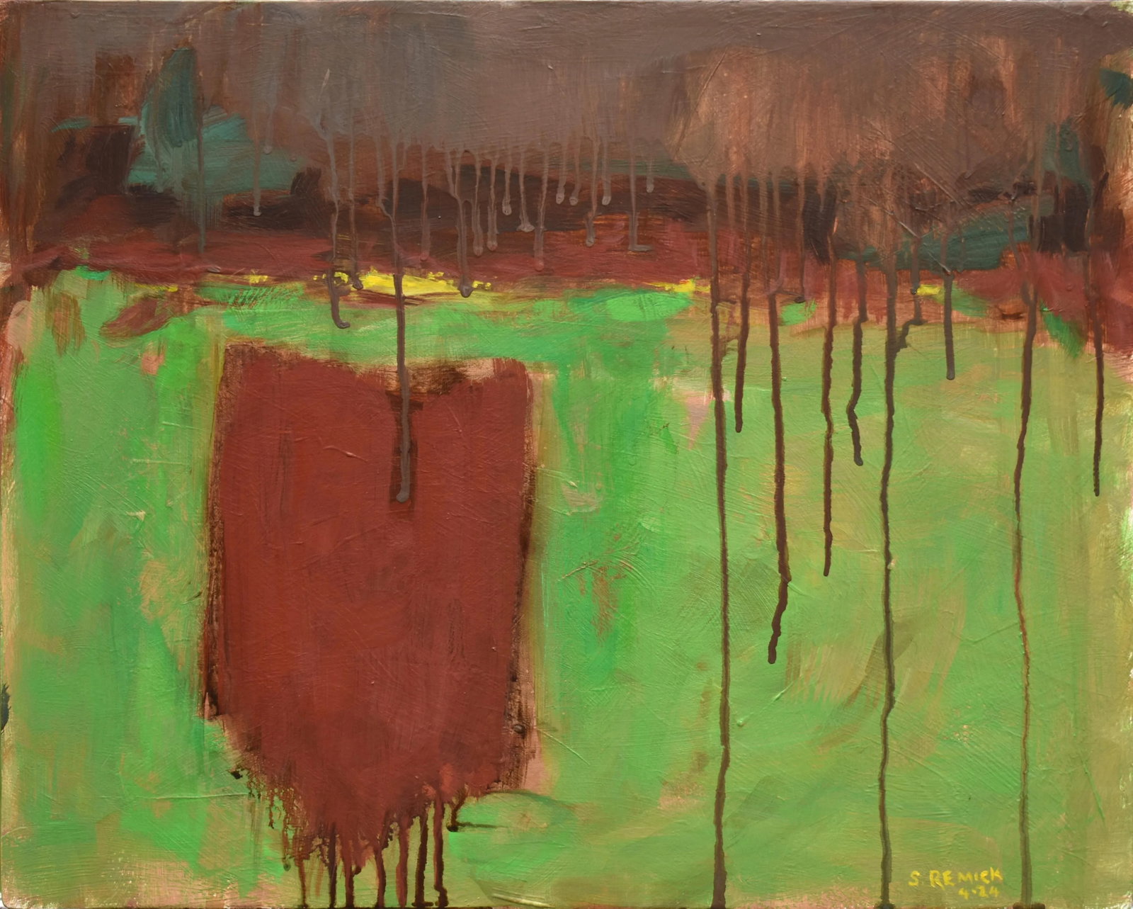 Contemporary "Emergence" Acrylic Abstract Painting by Stephen Remick: Spring here in New England happens so fast. Trying to capture the burst of color relationships before they morph to another level. Here, in particular, grass comes to life next to rich garden soil rea