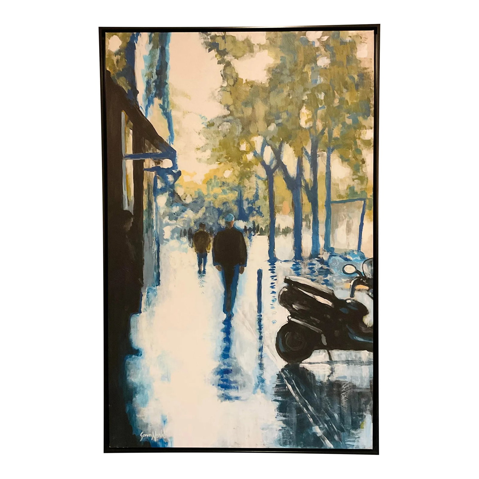 Modern Parisian Saint Germain Des Pres Impressionistic Blue Cityscape Giclee on Canvas: Stylish Modern Parisian Saint Germain Des Pres Impressionistic Blue Cityscape Giclee on Canva, black wood floater frame, showroom floor sample Condition: Imperfections: Some Imperfections Condition No