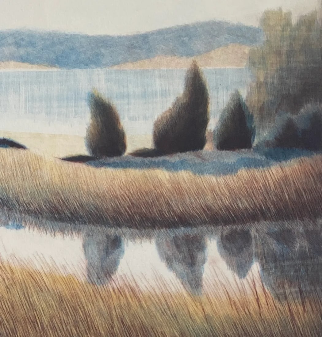 Early Evening IV Color Landscape Etching by Nicolette Jelen: Landscape Etching by Nicolette Jelen Image Size: 19 x 17 in (48.26 x 43.18 cm) Paper Size: 30 x 22.5 in (76.2 x 57.15 cm) Edition. 17/125 Nicolette Jelen is best known for her aquatint and mezzotint