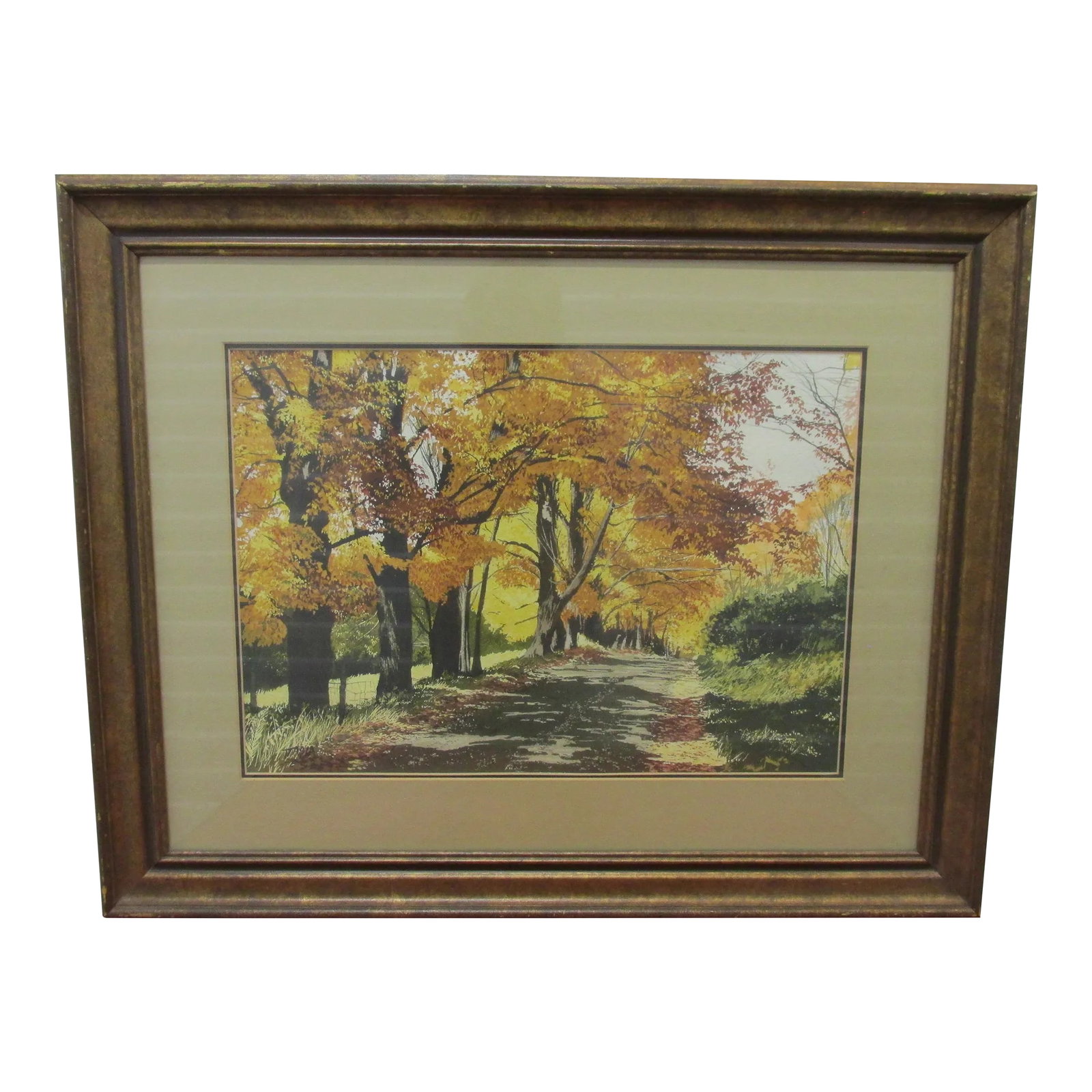 Original 1975 Tasia Landscape Watercolor Painting, "Shady Lane", Framed: Mounted under glass with double matte and framed in antiqued wood, this original watercolor titled "Shady Lane" from Nevada City artist Tasia Smith captures the light and feeling of a typical