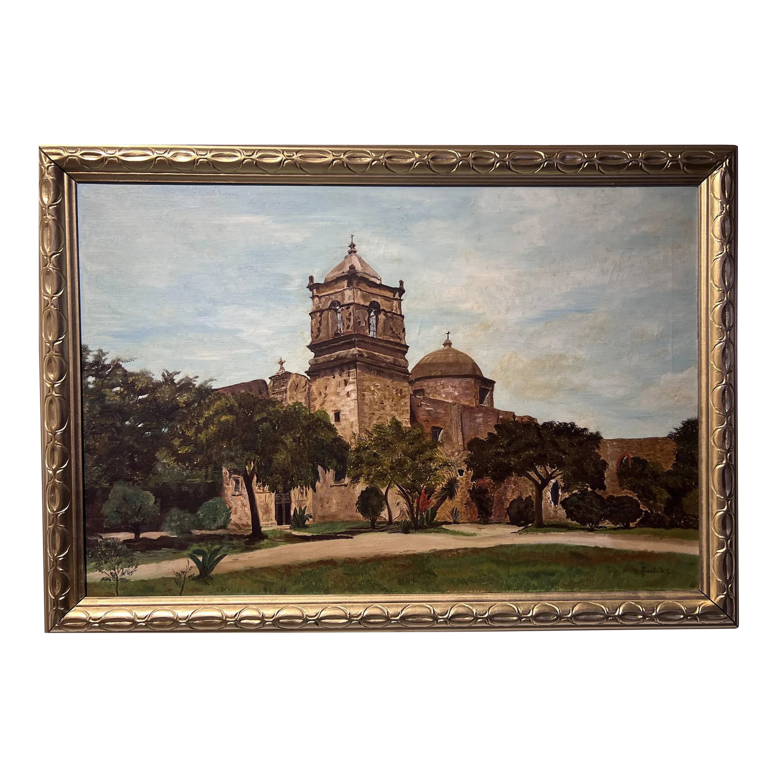 Lucile White Vintage Oil Painting on Canvas, European Castle View, Framed: This is an original vintage oil painting on canvas by Lucile White. The central subject of the artwork is a castle or church, with a grand dome and an elaborate bell tower that punctuates the