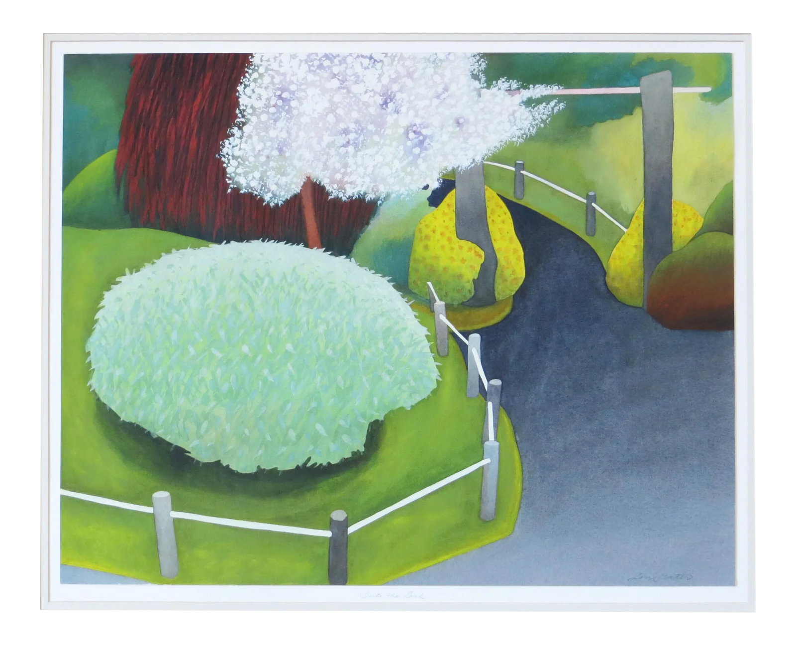 Lori Slater Watercolor - Into the Park Painting: This watercolor is immediately recognizable as the work of Lori Slater (1954-), a Cambria, California artist. Her landscapes have a magical quality. The flowers in the tree at top center look like sta