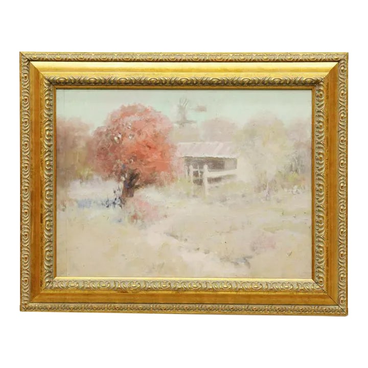 1970s Vintage "Springtime in Texas" Painting in Giltwood Frame: Vintage "Springtime in Texas" Painting in Giltwood Frame featuring spring tree in pink blossoms and rustic building. Framed impressionistic oil painting on board of a Texas Farmhouse in spring, unsign