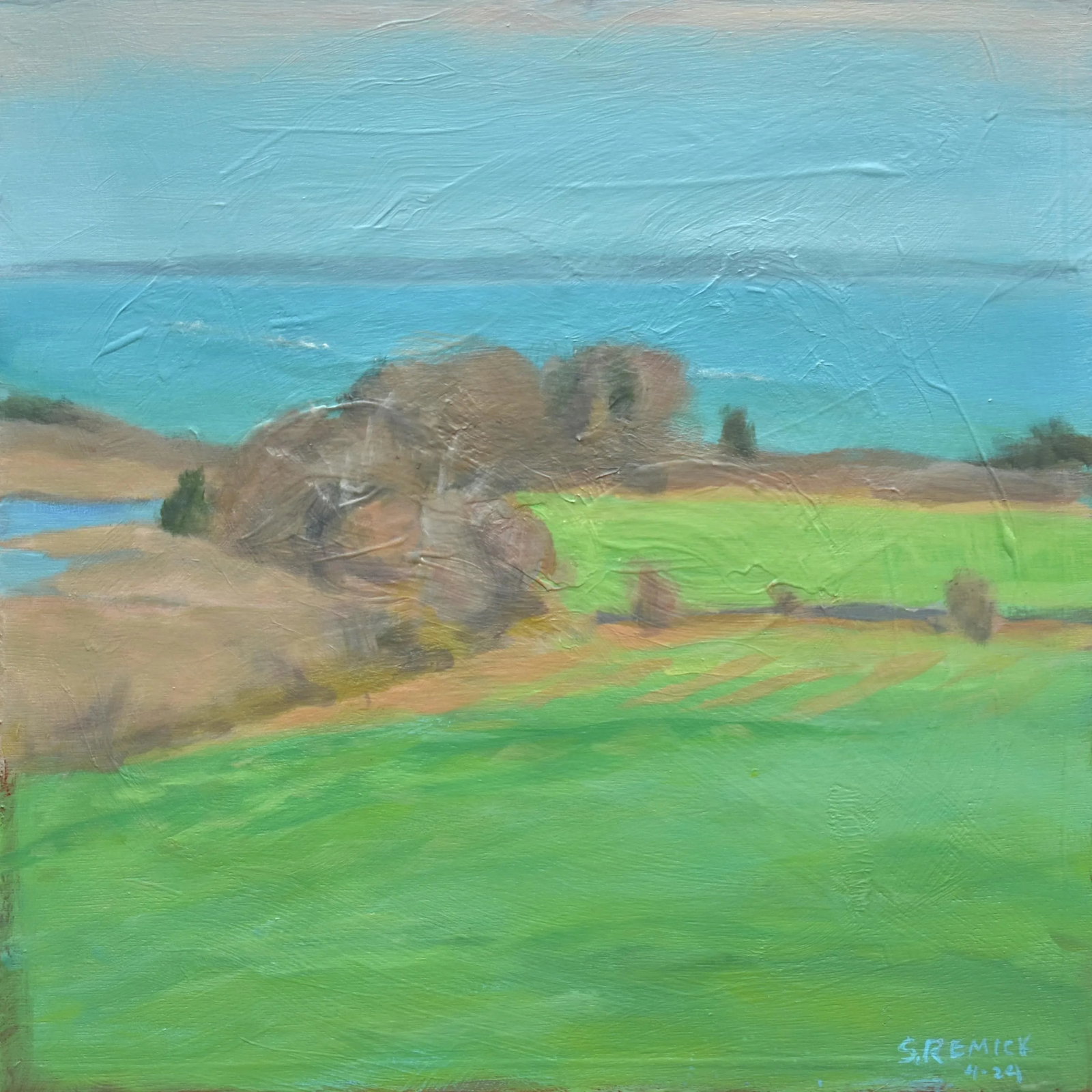 Spring at the Coast Original Landscape Painting by Stephen Remick: First time out this season painting en plein air (outdoors, from life) here in New England. A favorite spot of mine where the Atlantic ocean meets an estuary. This is professional grade acrylic paint 