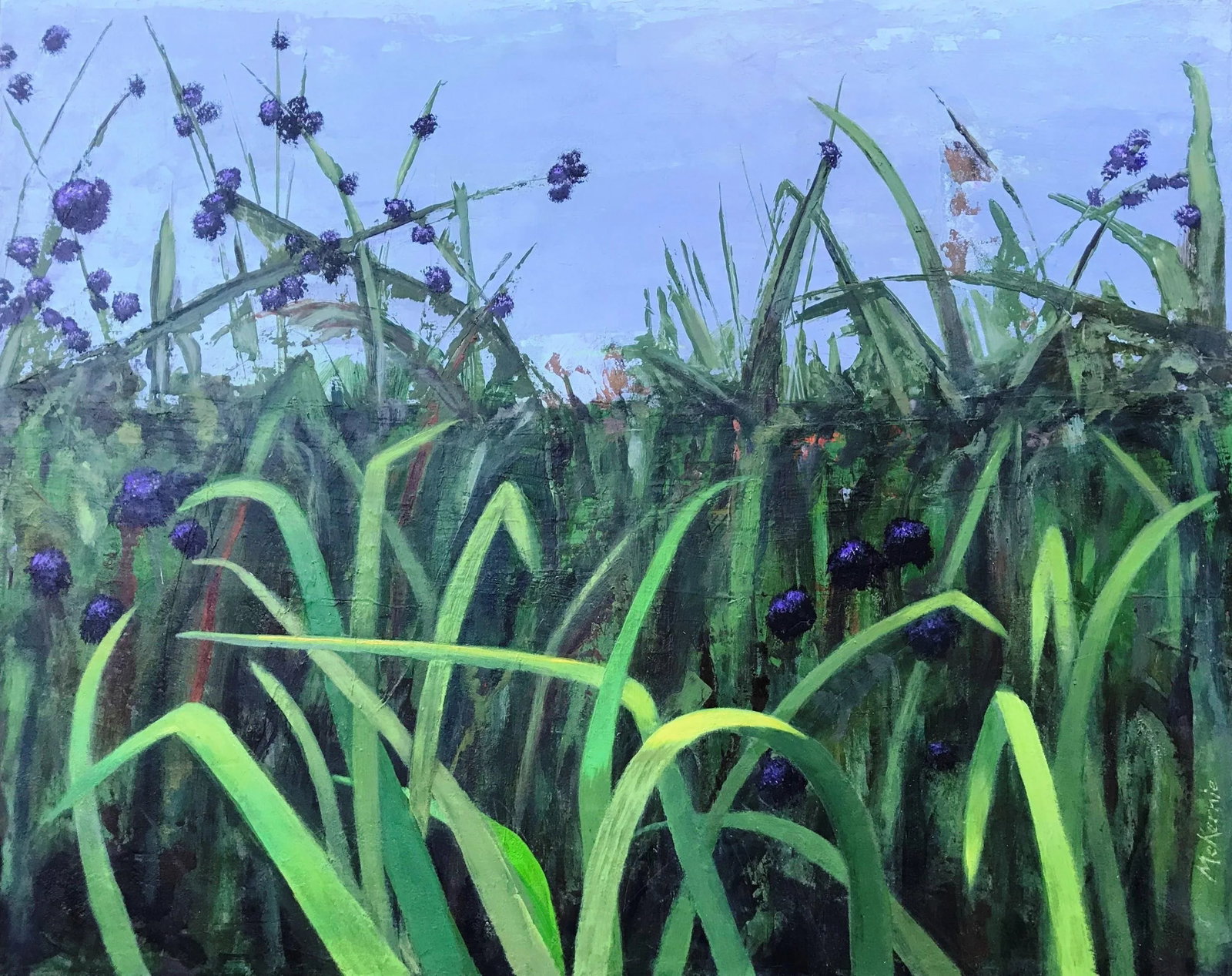 Silent Watch Contemporary Impressionist California Foliage Landscape in Green by Mill Valley Artis: Title: "Silent Watch" A bug's-eye view of a field of reeds and grasses. Original (New) - Acrylic on canvas My art is inspired by both natural and built environments, primarily of the Bay Area where I