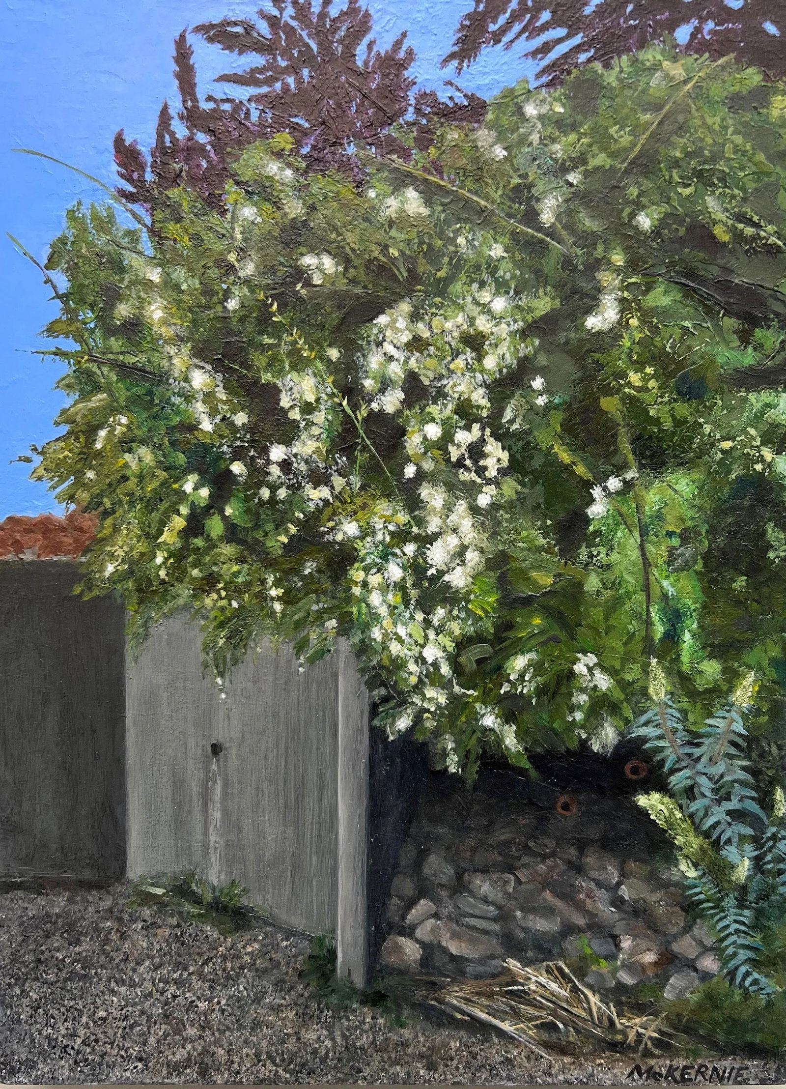 Abundance Contemporary Impressionist Floral Still Life Painting of Blooming Rambling Roses by Mill: Title: "Abundance" Each spring a rambling rose shrub in our driveway bursts into bloom for a few short weeks, so capturing it at the right moment is crucial. Original (New) - Acrylic on boxed wooden p