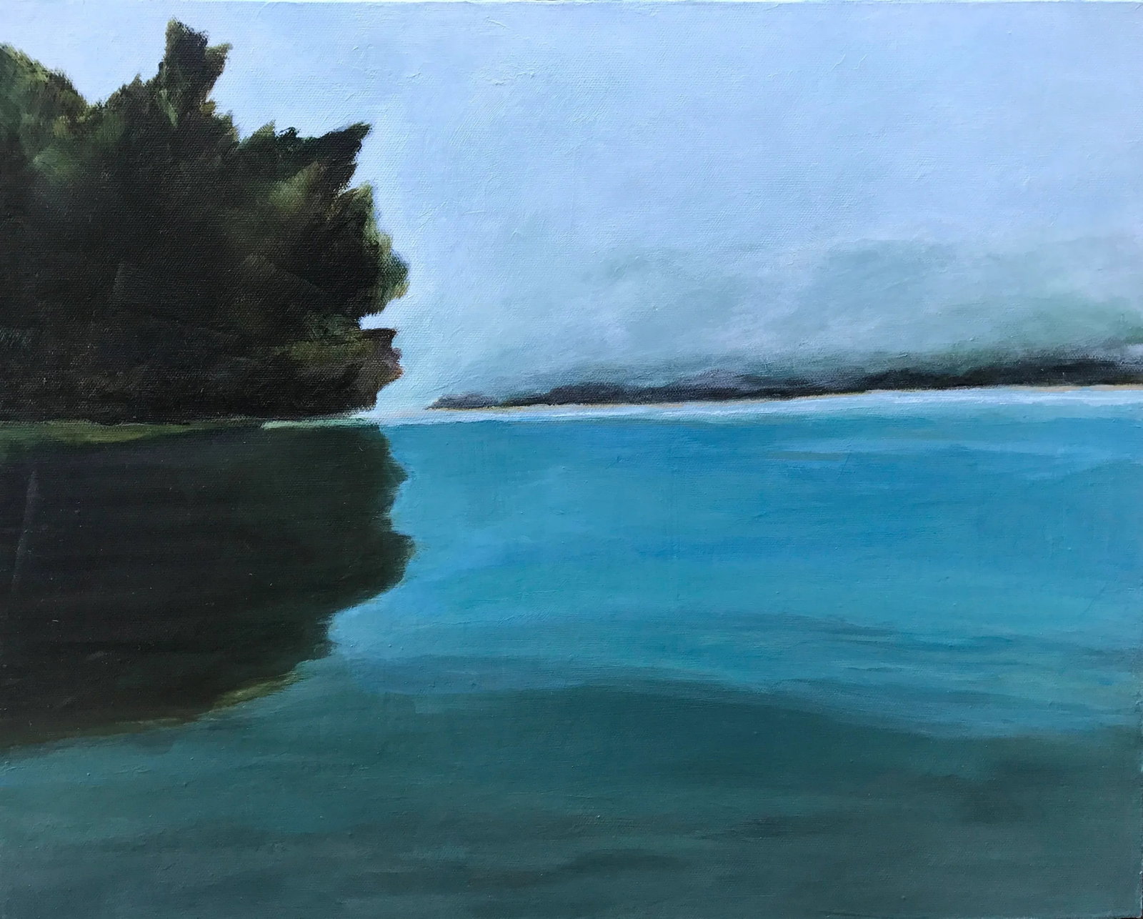 Beyond the Bend Contemporary Impressionist Nautical Ocean Waterscape in Blue, Green by Mill Valley: Title: "Beyond the Bend" A clump of trees obscures what lies beyond, which is left to the imagination. Original (New) - Acrylic on canvas My art is inspired by both natural and built environments,