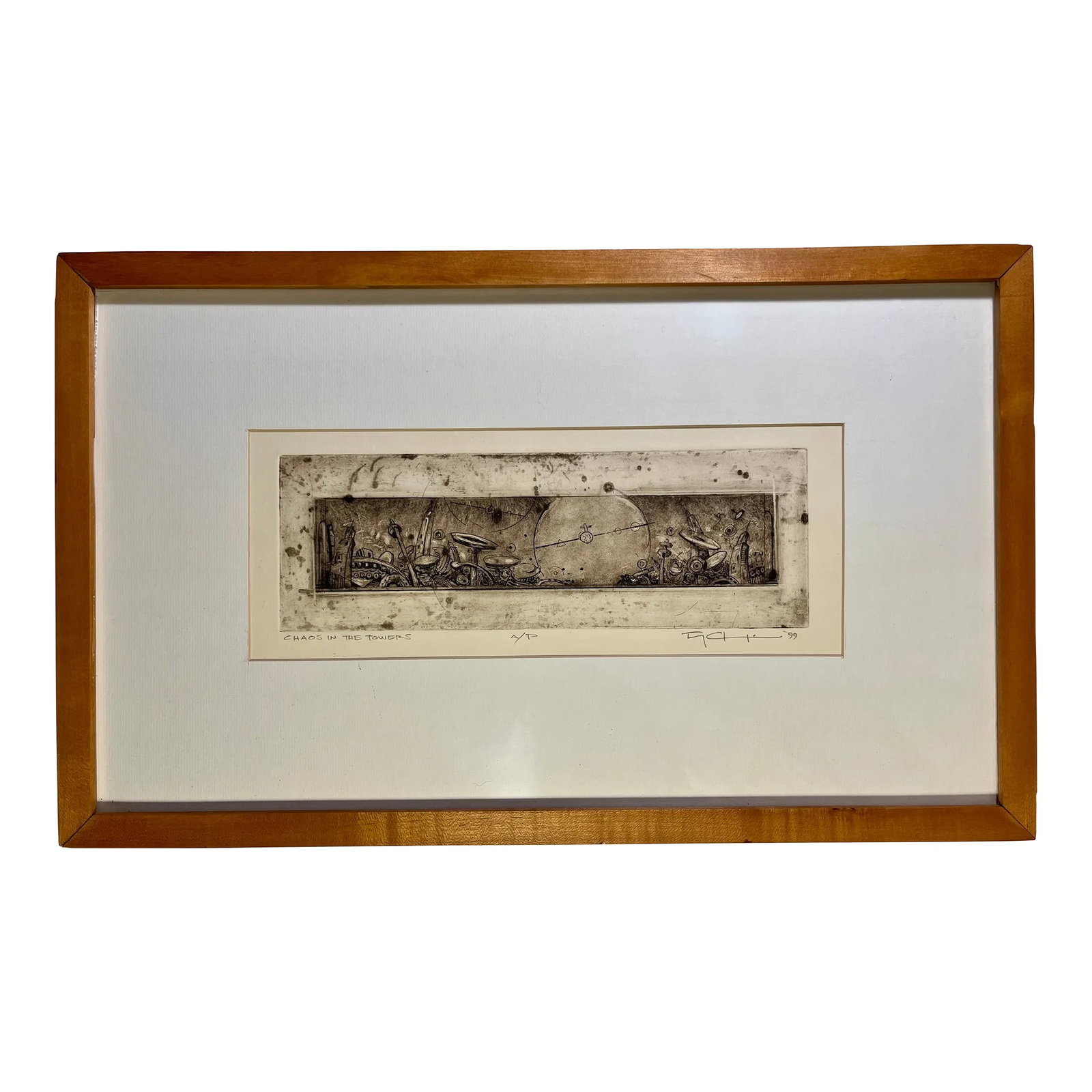 1999 Etching Chaos in the Towers Artist Proof Signed by the Artist, Framed: 1999 Original Etching Title: CHAOS IN THE TOWERS Artist Proof Signed in pencil by the artist Aprox. dimensions: Visible area: 13" x 5" Frame: 21.5" x 13" Very good original condition! Framed with glas