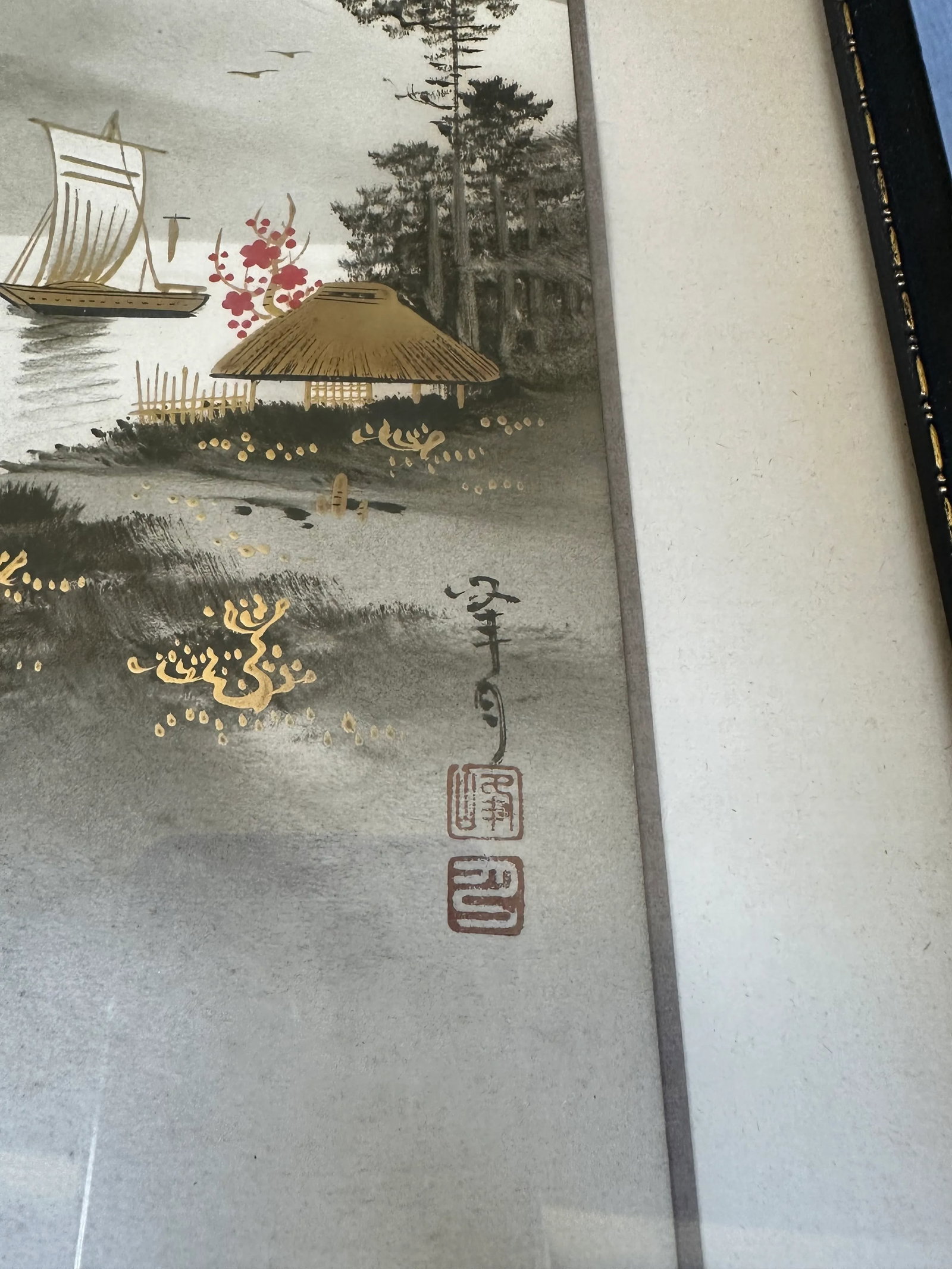 Original Artist Signed Antique Japanese Watercolor Painting of Mt Fuji With Boats on the Water - 12