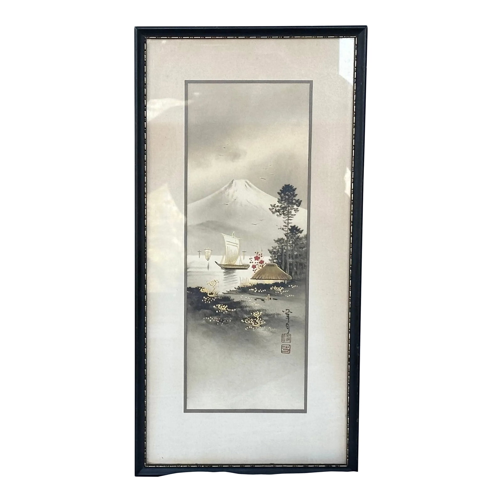 Original Artist Signed Antique Japanese Watercolor Painting of Mt Fuji With Boats on the Water: This antique Japanese watercolor painting artfully captures a classic scene of boats on the water with Mt Fuji in the background. The vintage watercolor has a delightful pink sakura blossom accent