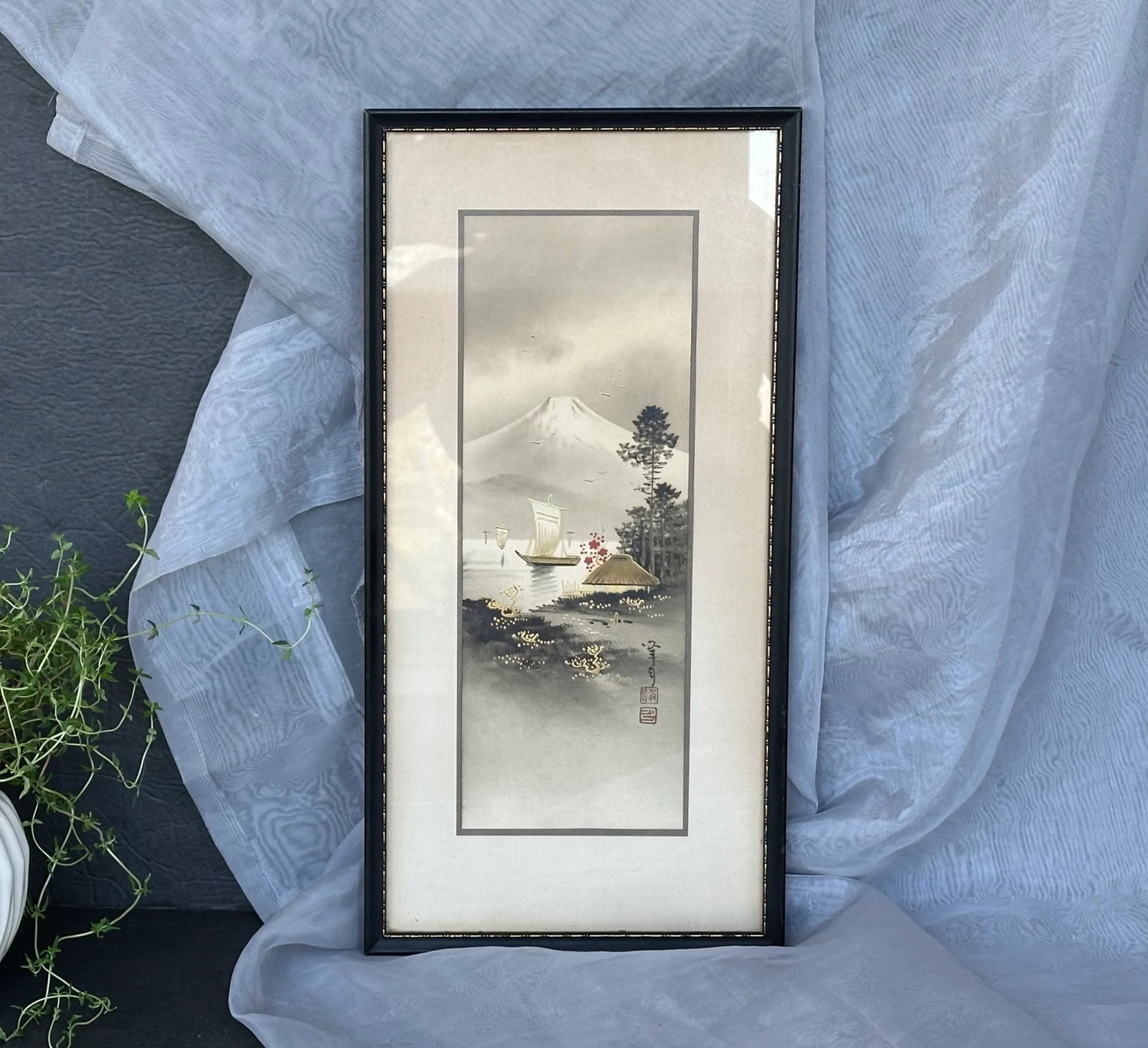 Original Artist Signed Antique Japanese Watercolor Painting of Mt Fuji With Boats on the Water - 2