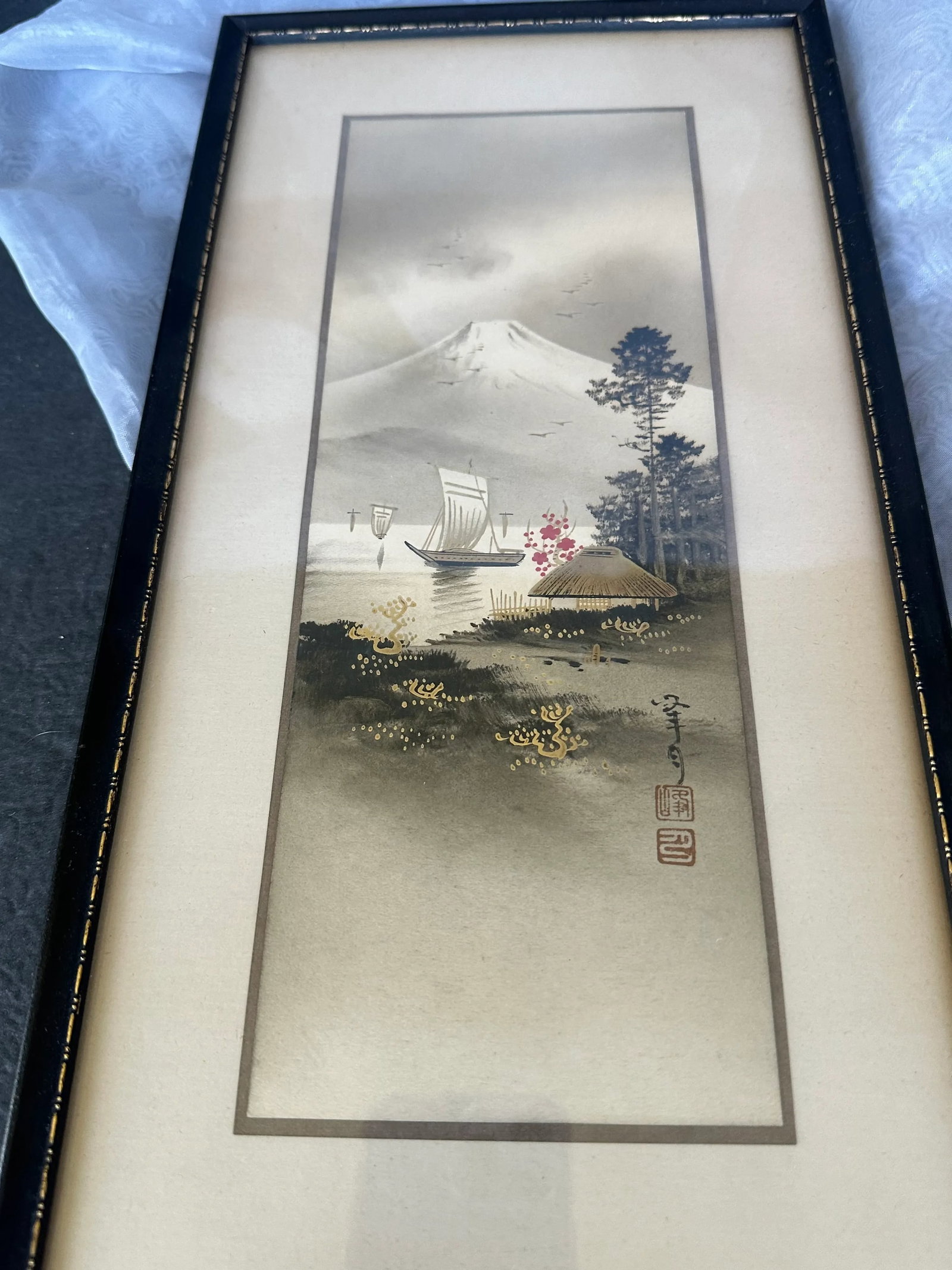 Original Artist Signed Antique Japanese Watercolor Painting of Mt Fuji With Boats on the Water - 3
