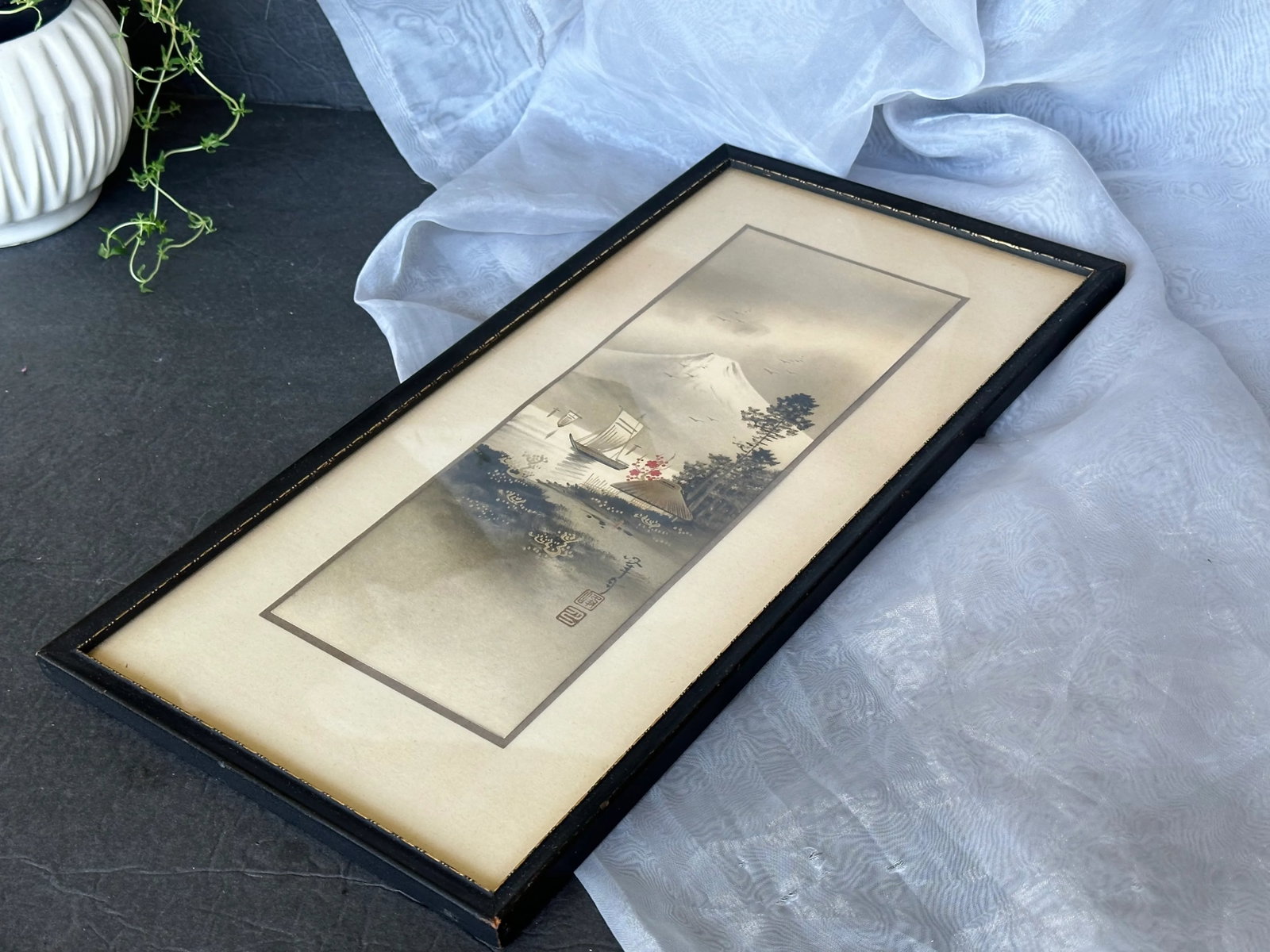 Original Artist Signed Antique Japanese Watercolor Painting of Mt Fuji With Boats on the Water - 5