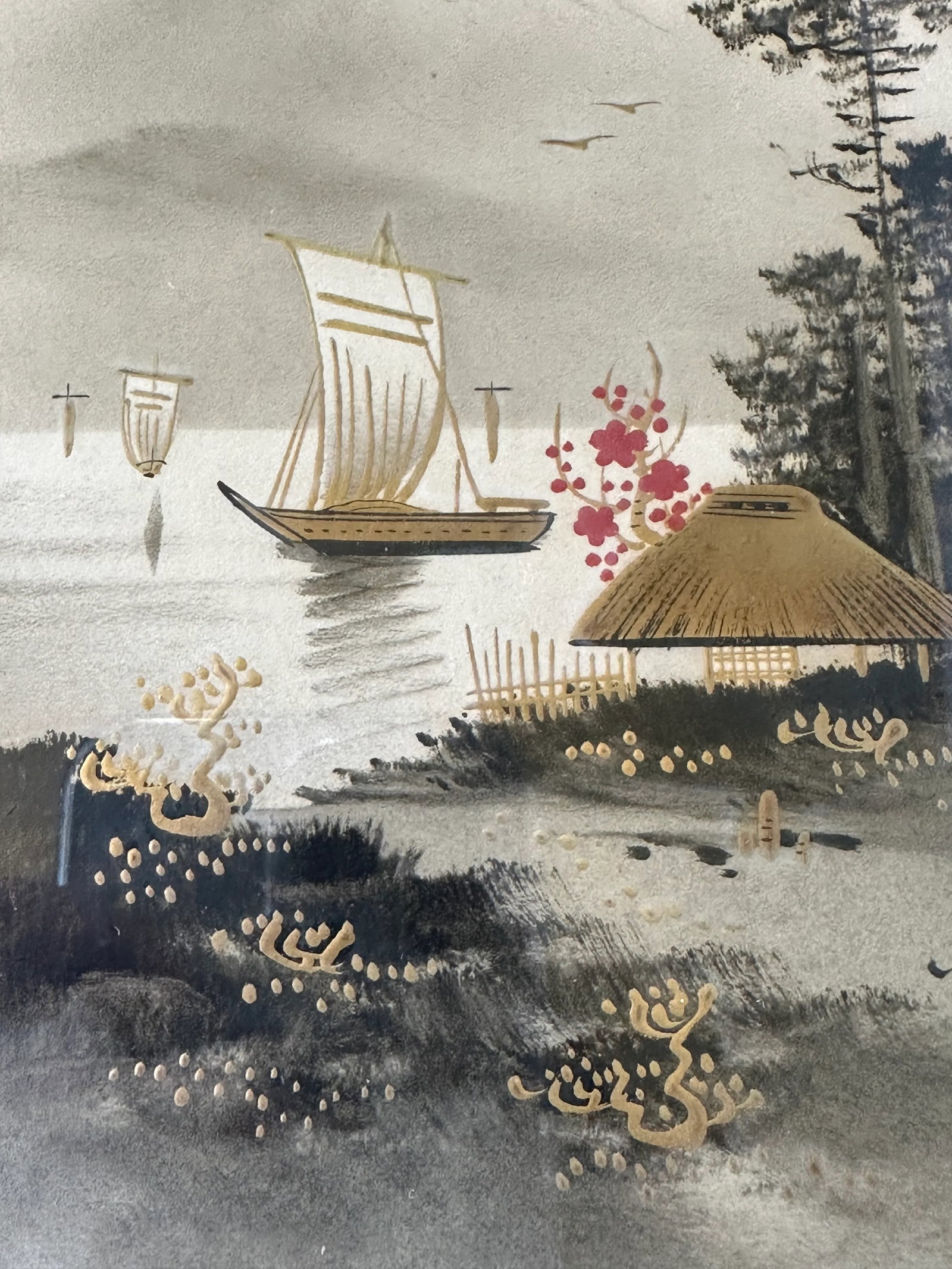 Original Artist Signed Antique Japanese Watercolor Painting of Mt Fuji With Boats on the Water - 7