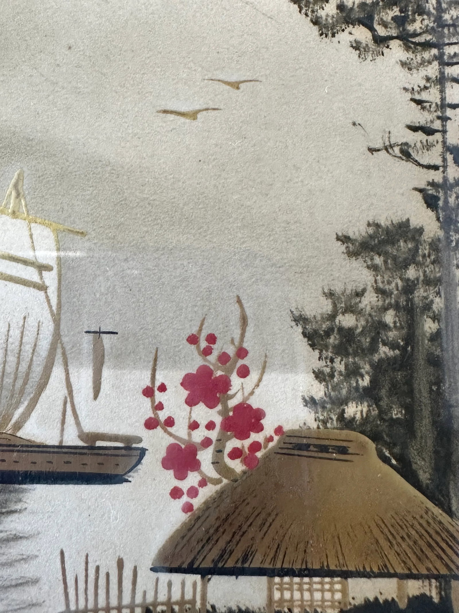Original Artist Signed Antique Japanese Watercolor Painting of Mt Fuji With Boats on the Water - 9