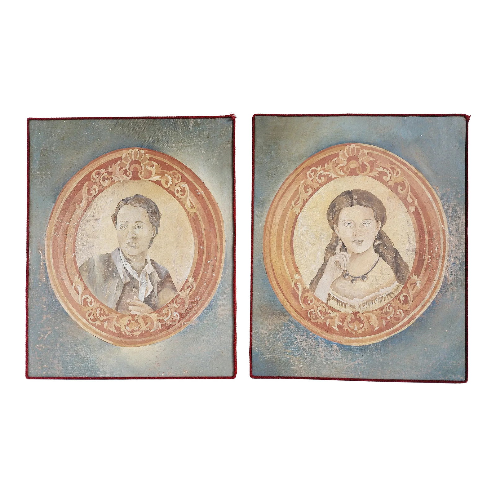 Italian Fresco Style Portraits Painting-A Set: 18th century Fresco style Italian portrait paintings set of a man and woman. The paintings are newer but have the authentic style of Fresco Italian antique paintings. They were custom-made made by a