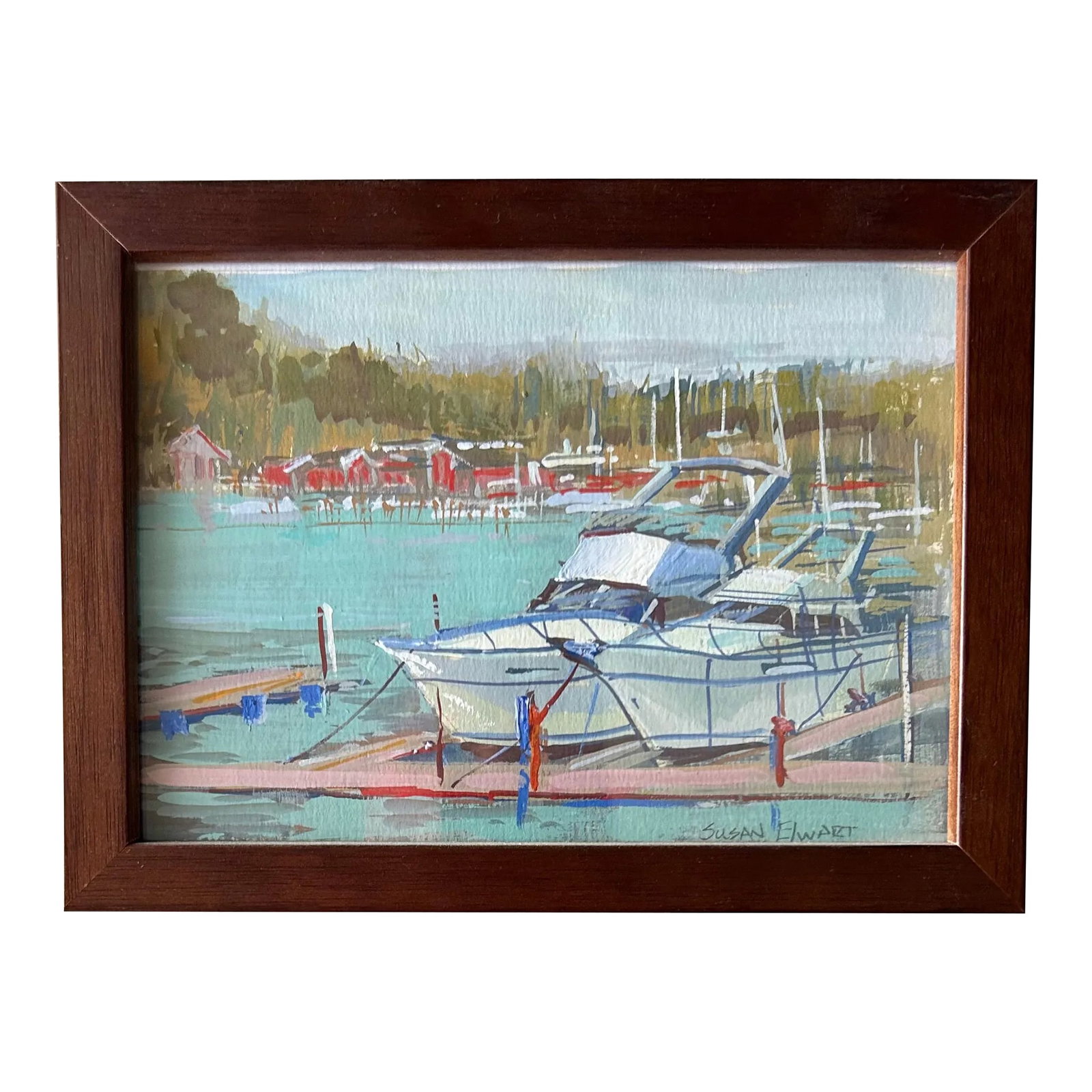 In the Slips Nautical Gouache Painting by Susan Elwart (Hall): This captivating gouache painting by the award-winning plein air artist Susan Elwart Hall transports viewers to a charming rustic marina. Measuring a modest 5" x 7" (with the frame at 5 7/8" x 7