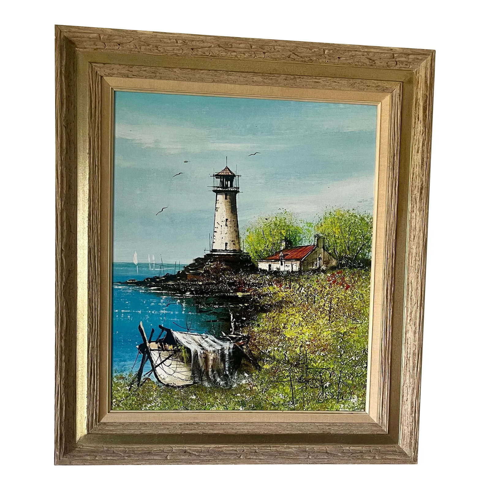 1960s Vintage Mid-Century Modern Painting, Framed: Discover a captivating piece of mid-century modern artwork for sale: a vintage framed depiction of a lighthouse. This stunning artwork encapsulates the essence of MCM design with its bold lines,
