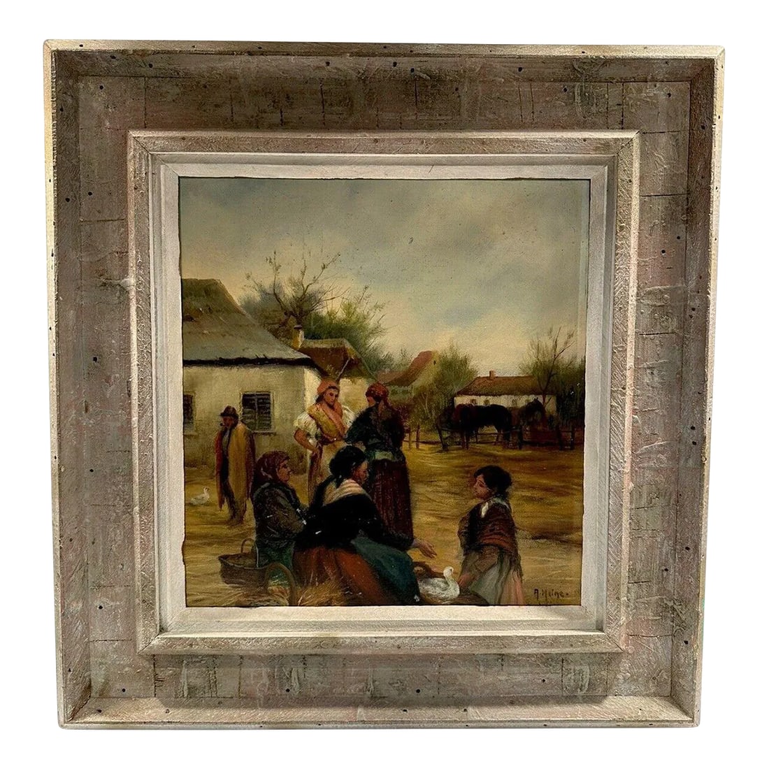 19th Century Austrian Oil Painting of Peasant Women in the Countryside: This listing is for a lovely antique 19th century painting. This painting is from Vienna, Austria and it depicts the peasant women in the countryside. Several women appear to be conversing in the