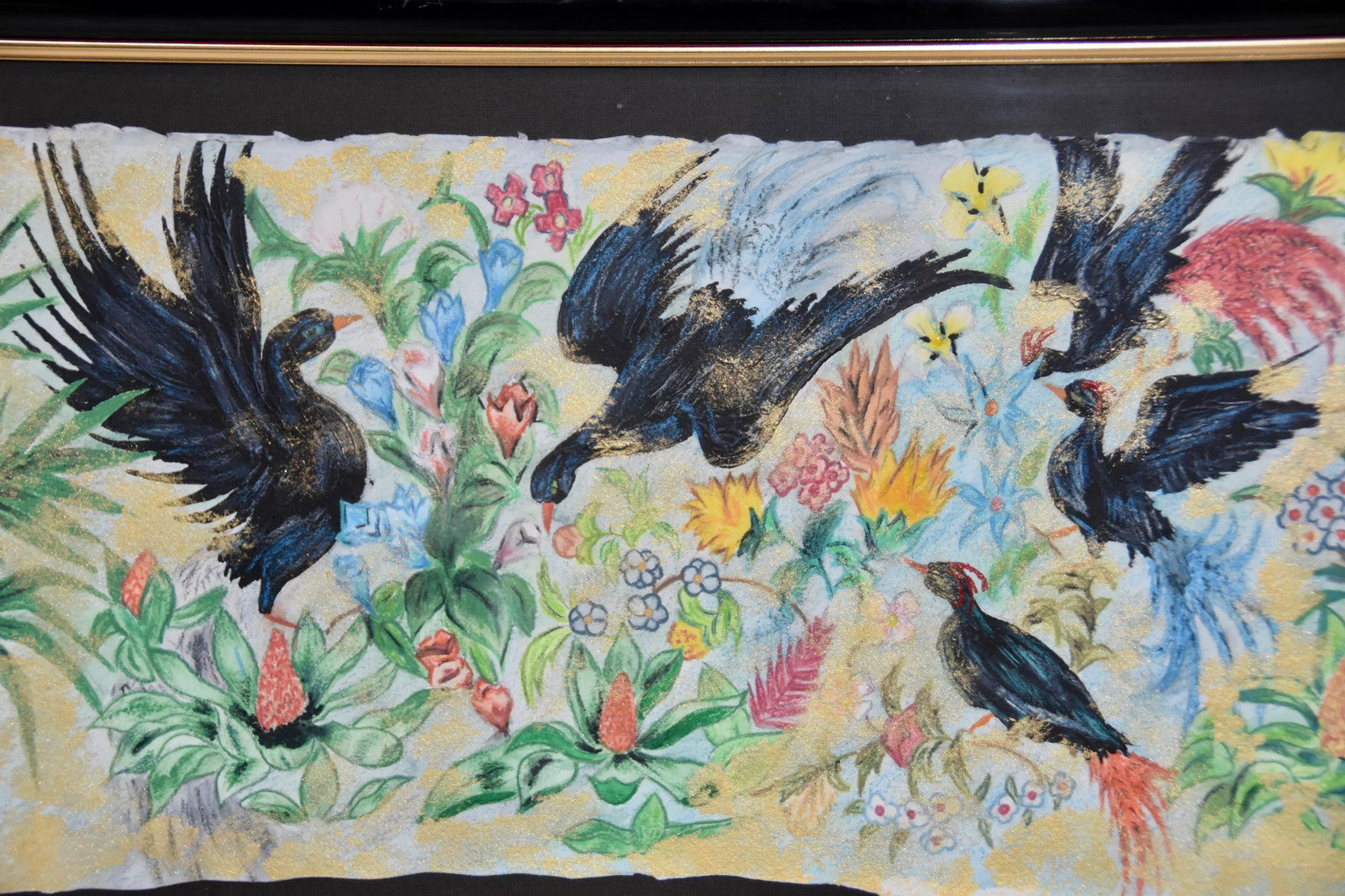 Garden Birds Motif Mixed Media Paper Bamboo Painting Wall Decor Framed - 10