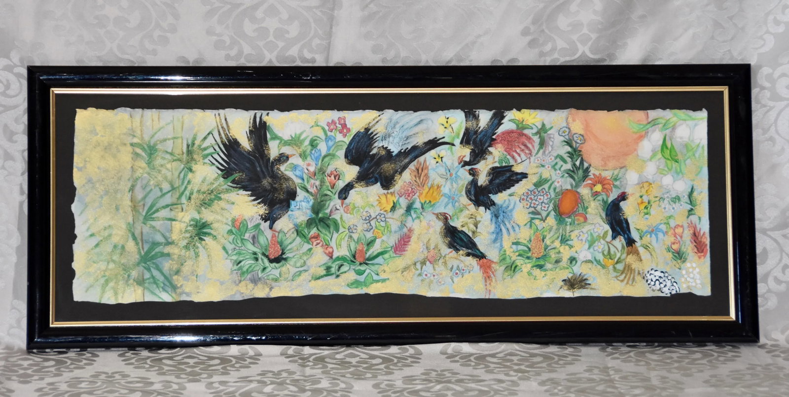 Garden Birds Motif Mixed Media Paper Bamboo Painting Wall Decor Framed - 11
