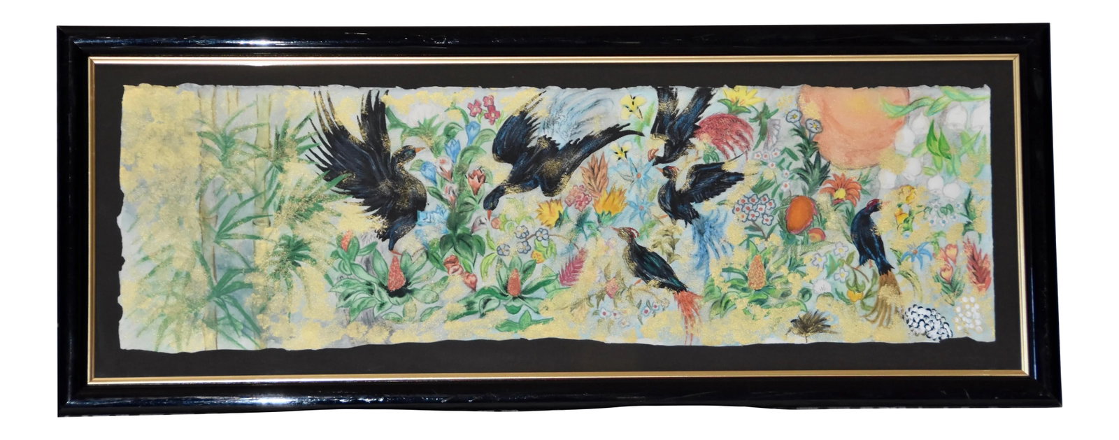 Garden Birds Motif Mixed Media Paper Bamboo Painting Wall Decor Framed: Mixed media enamel, watercolor, acrylic, ink and spray paint. Hand Painted Bamboo Garden Birds Inspired by nature motifs of birds and gardens typical in Japanese culture. Professionally framed in a go